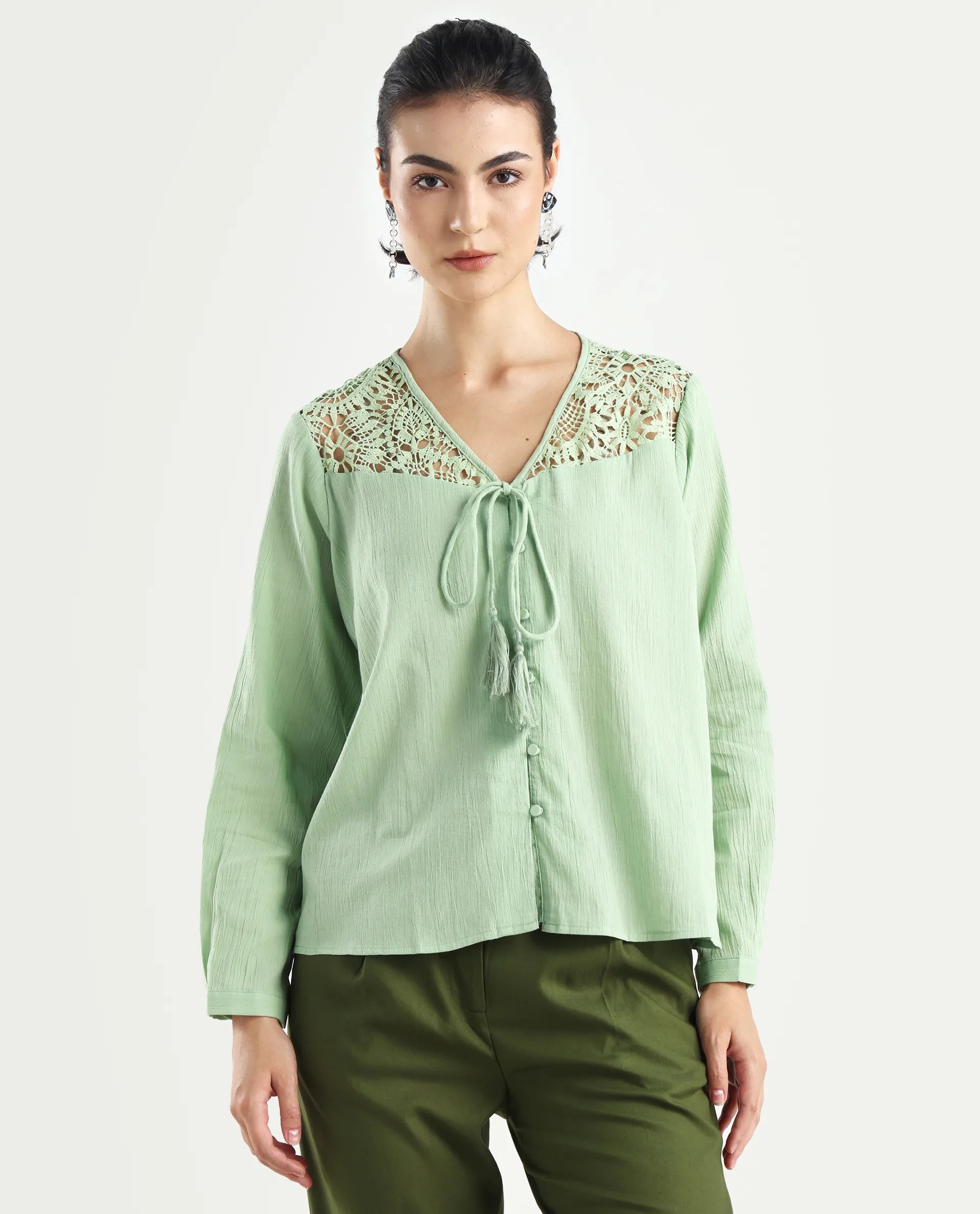 Rareism Women's Sonoki Dusky Green Cotton Blend V-Neck Plain Relaxed Fit Top