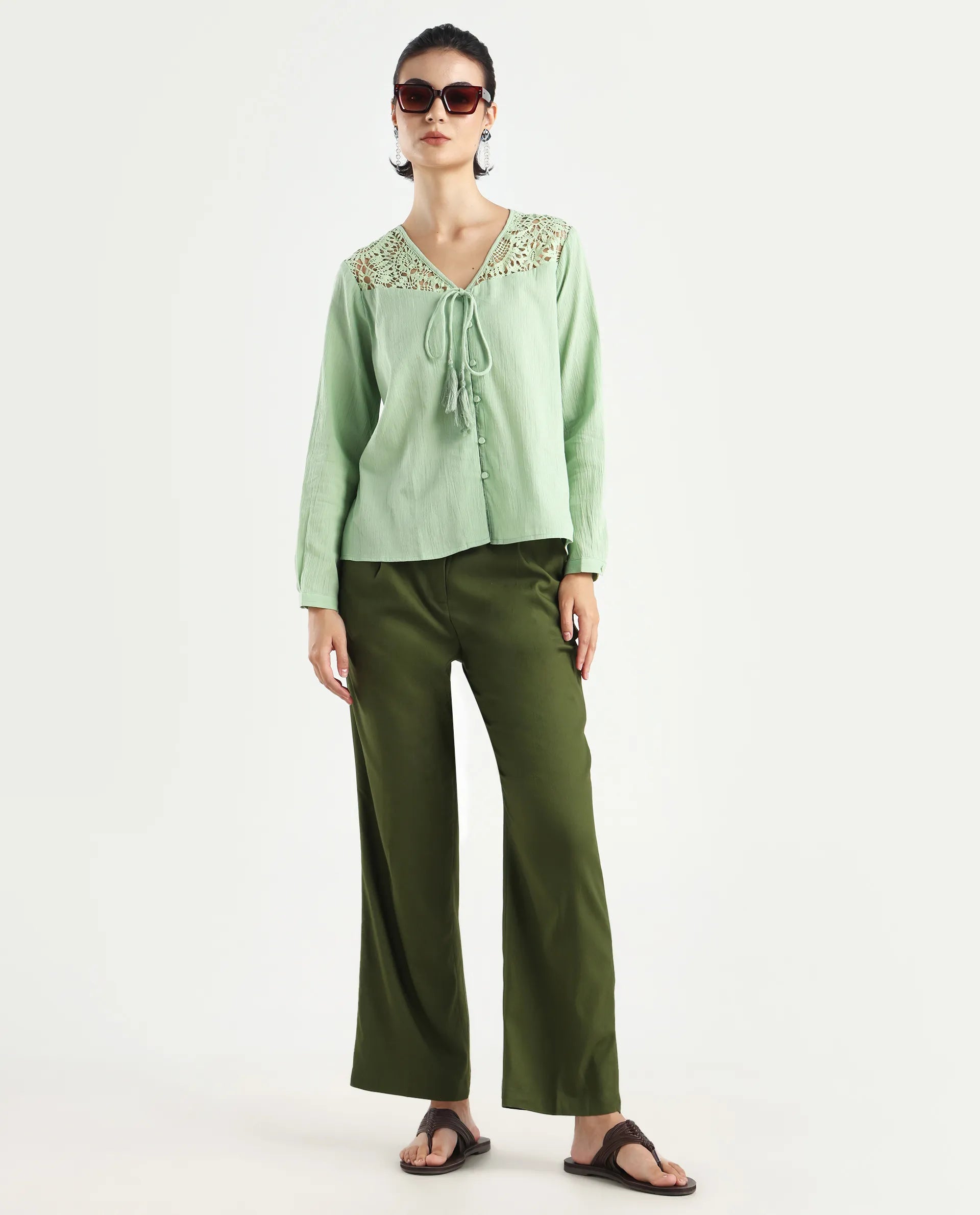 Rareism Women's Sonoki Dusky Green Cotton Blend V-Neck Plain Relaxed Fit Top