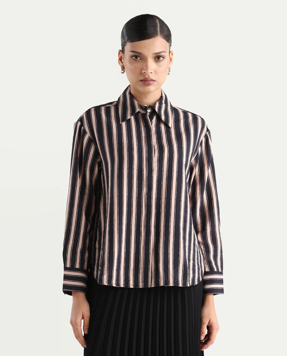 Rareism Women's Sonora Black Viscose Blend Drop Collar Striped Cuffed Sleeve Regular Fit Shirt