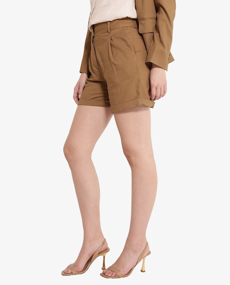 Rareism Women Sopari Dark Khaki Cotton Fabric Zipper Plain Mini Shorts