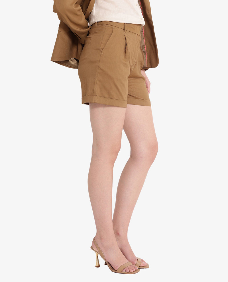 Rareism Women Sopari Dark Khaki Cotton Fabric Zipper Plain Mini Shorts