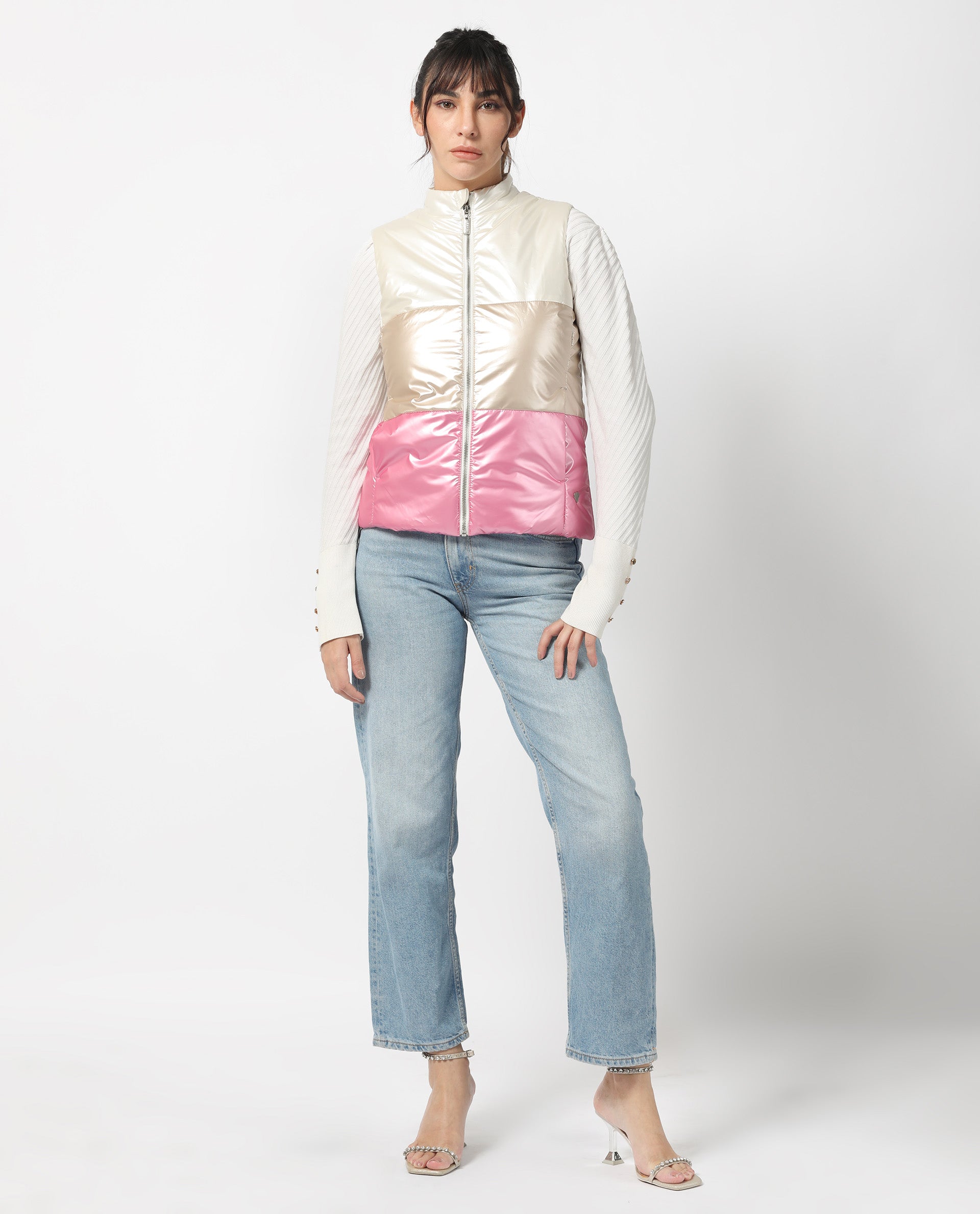 Rareism Women Sophia White Polyester Fabric Sleeveless Solid High Neck Jacket