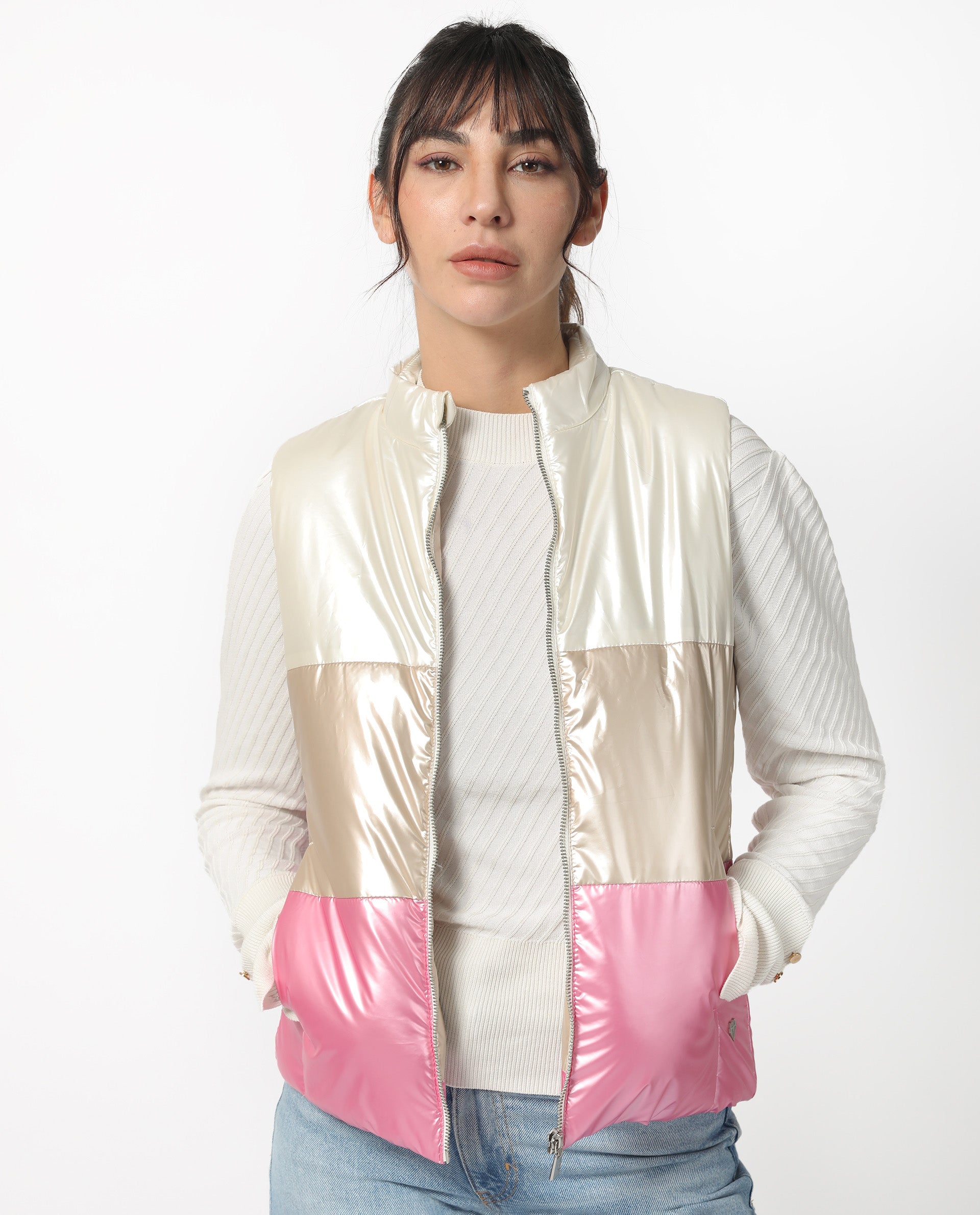 Rareism Women Sophia White Polyester Fabric Sleeveless Solid High Neck Jacket