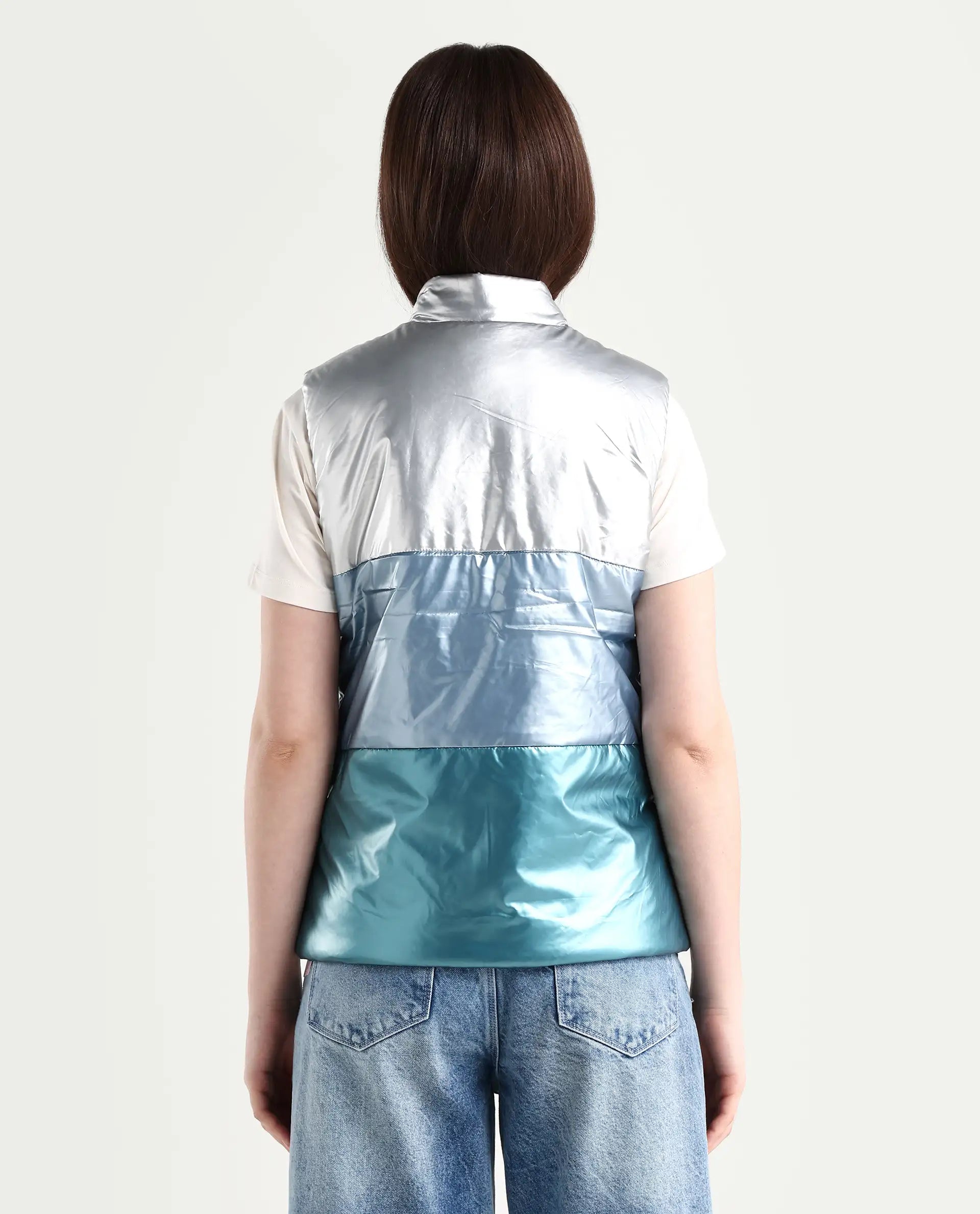 Rareism Women's Sophia Silver Polyester High Neck Color Block Sleeveless Regular Fit Jacket