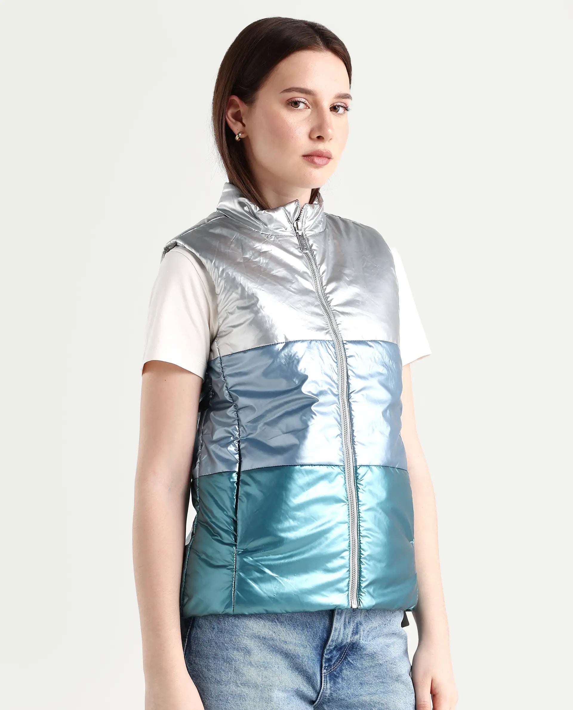 Rareism Women's Sophia Silver Polyester High Neck Color Block Sleeveless Regular Fit Jacket