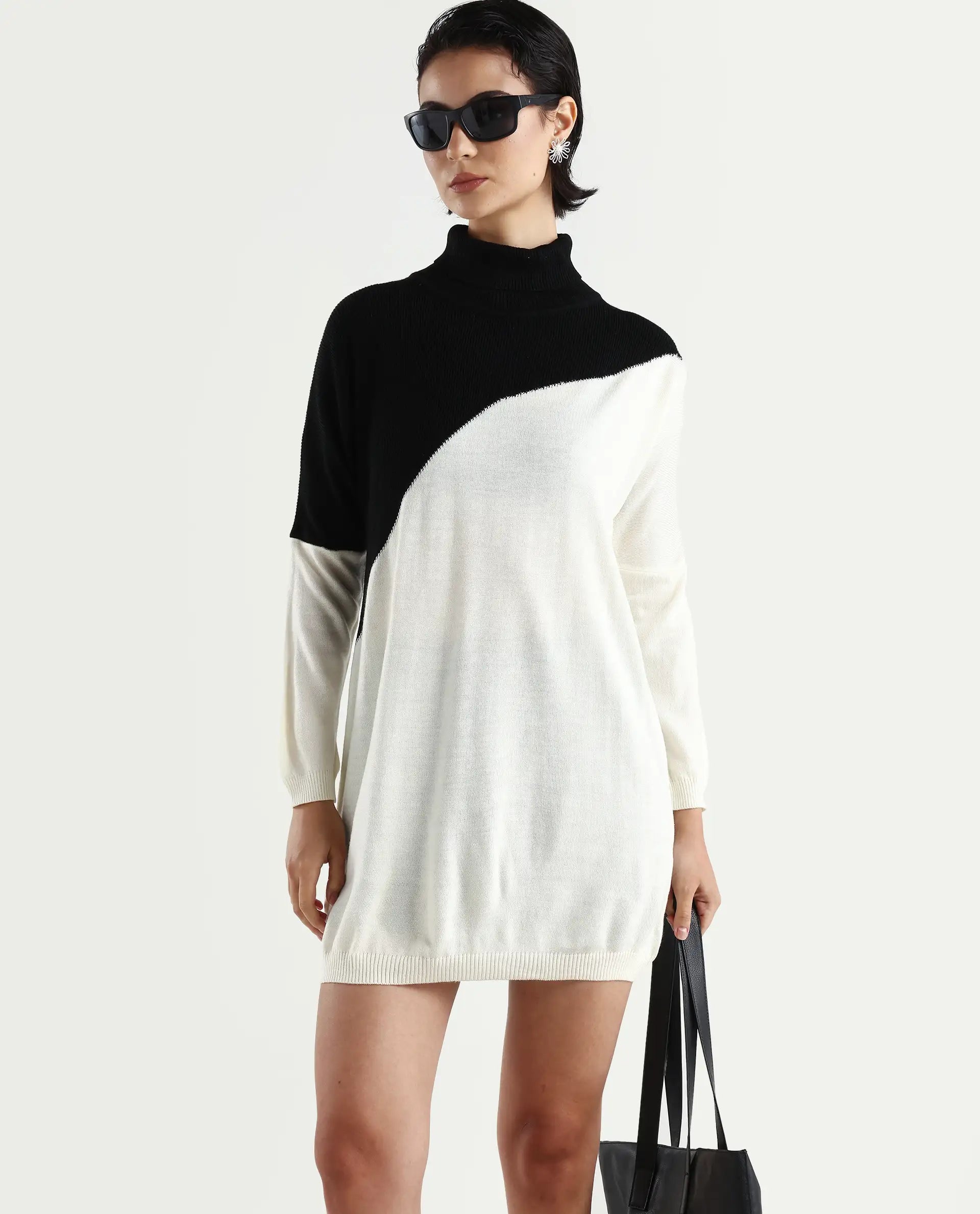 Rareism Women's Spaton 2 White Acrylic High Neck Color Block Knee Length Regular Fit Sweater