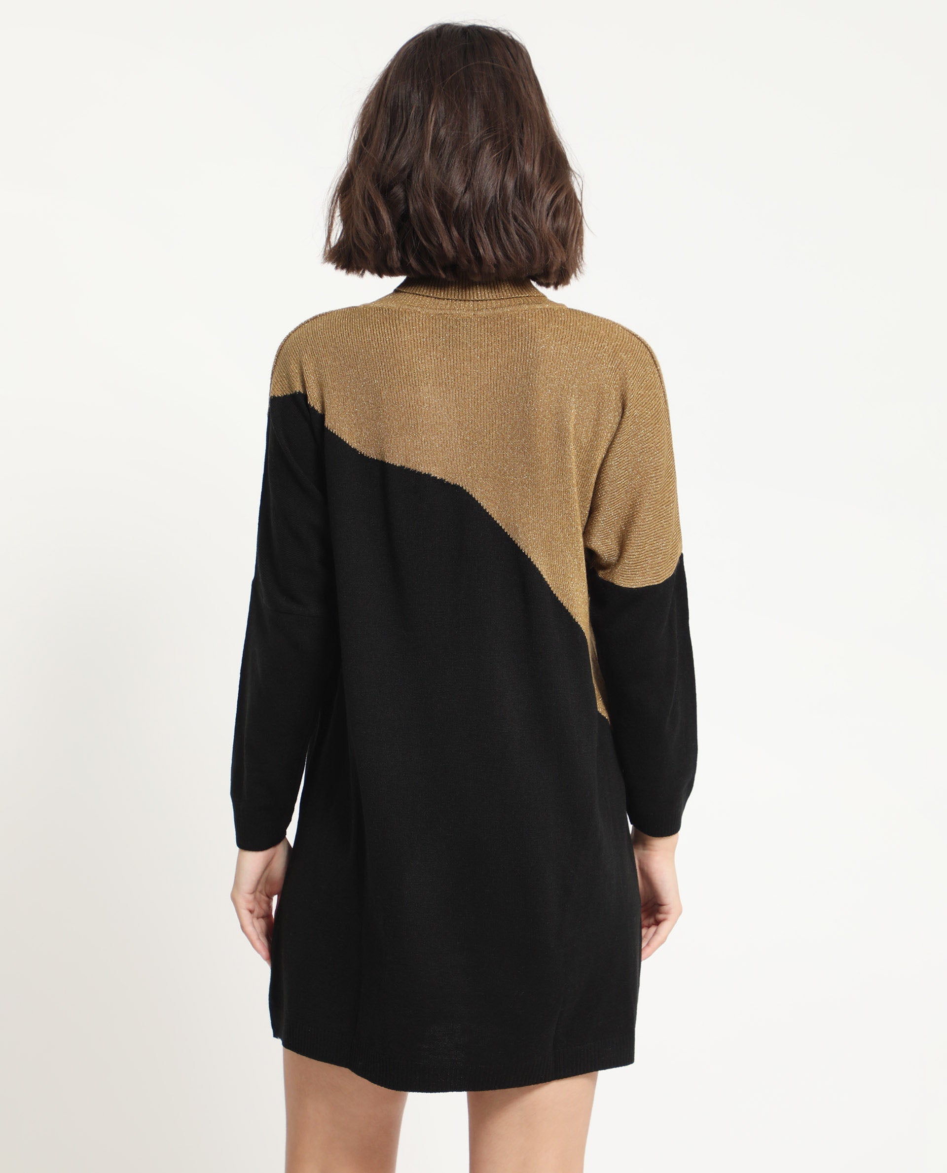 Rareism Women Spaton 2 Black Acrylic Fabric Full Sleeves Knee Length Regular Fit Abstract Print High Neck Sweater