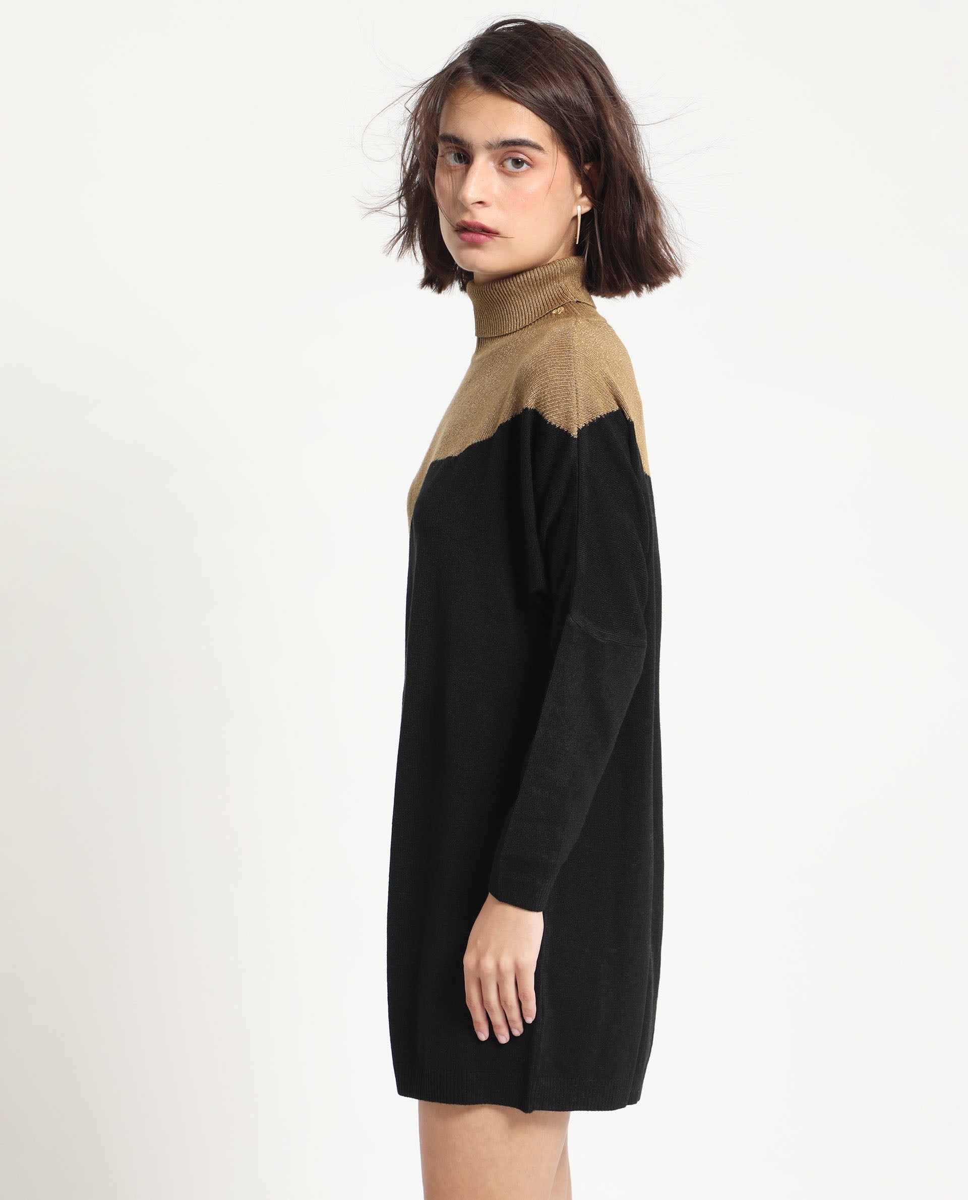 Rareism Women's Spaton 2 Black Acrylic High Neck Color Block Knee Length Regular Fit Sweater