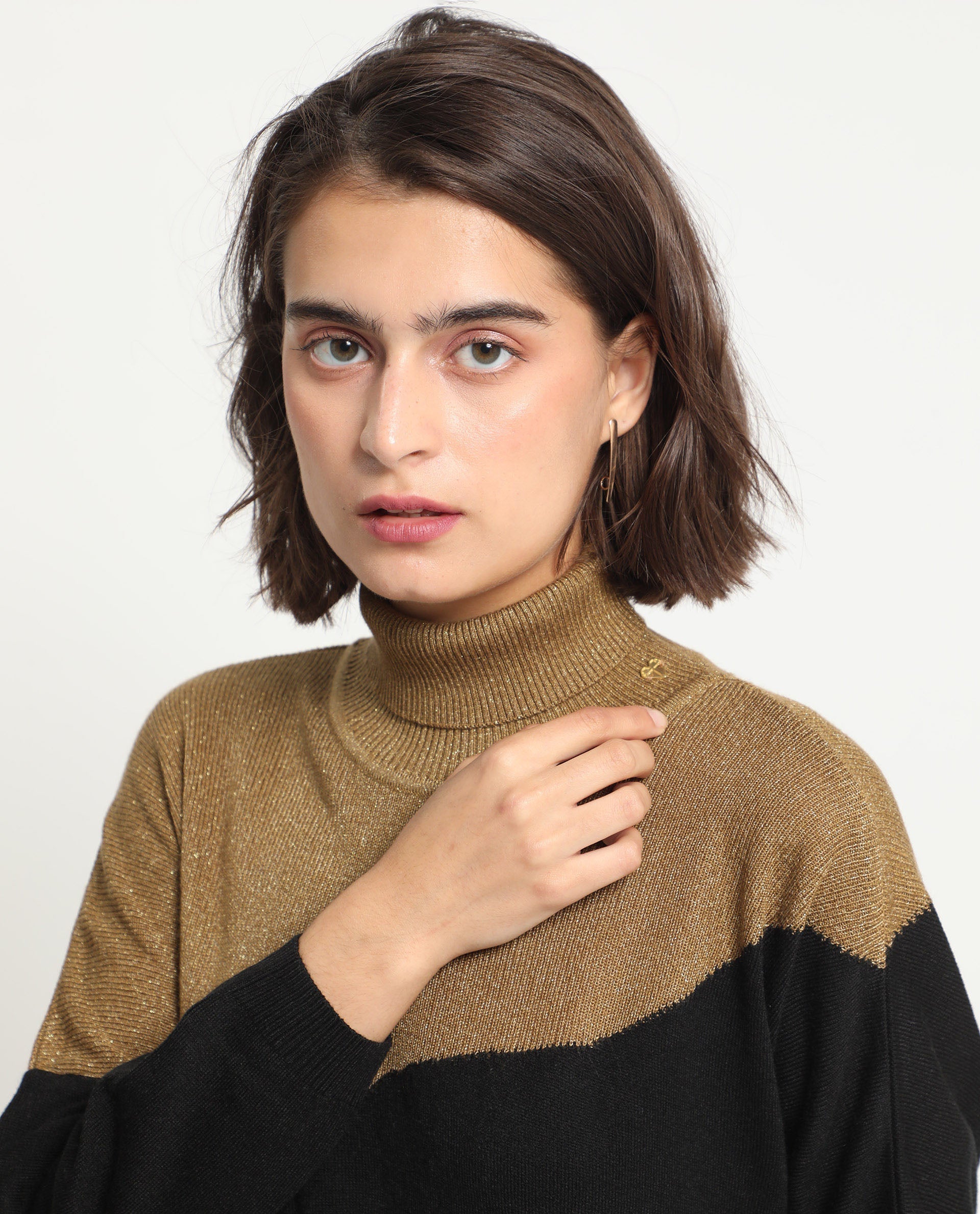 Rareism Women's Spaton 2 Black Acrylic High Neck Color Block Knee Length Regular Fit Sweater