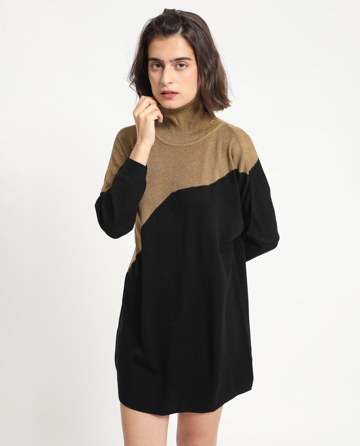 Rareism Women Spaton 2 Black Acrylic Fabric Full Sleeves Knee Length Regular Fit Abstract Print High Neck Sweater