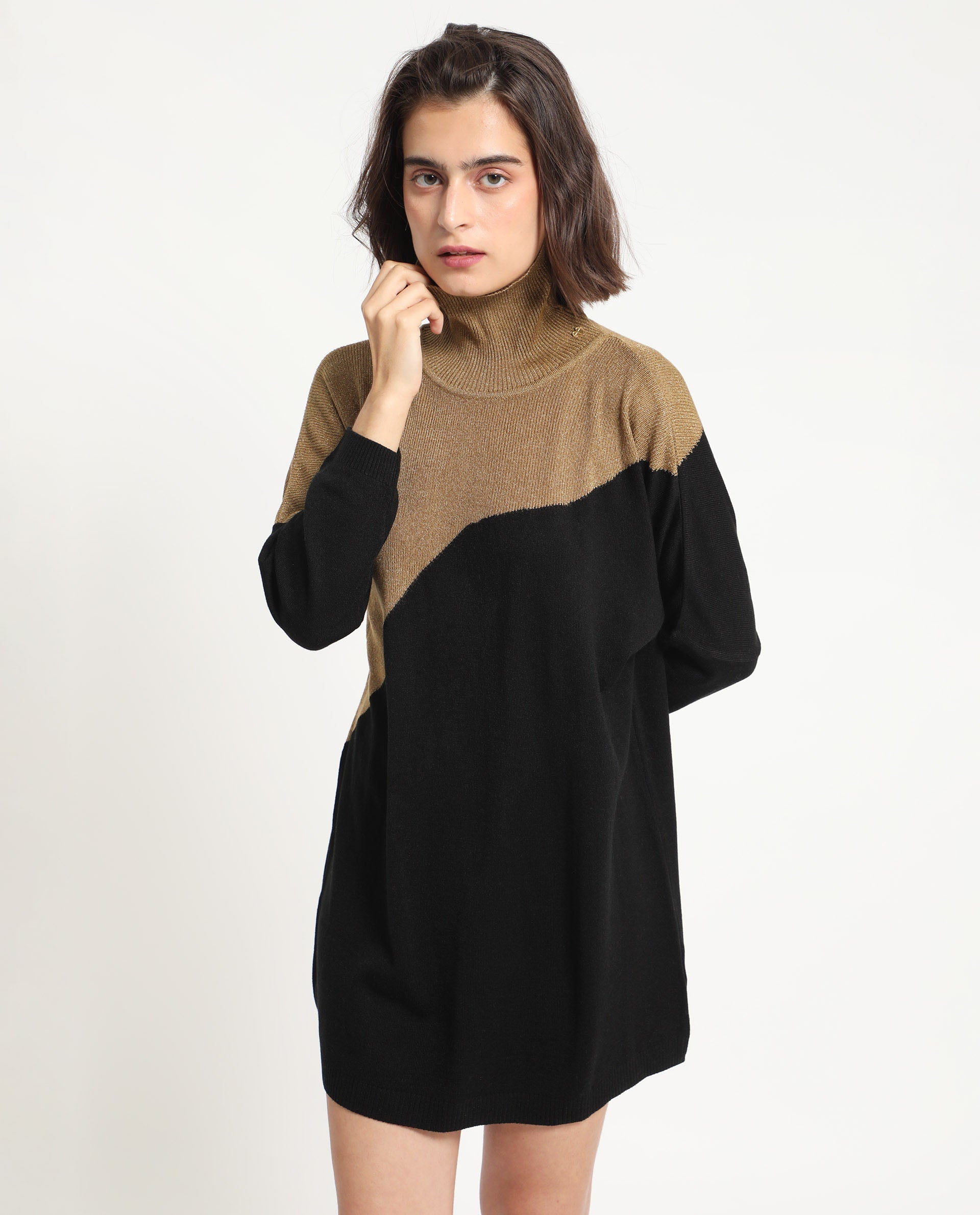 Rareism Women's Spaton 2 Black Acrylic High Neck Color Block Knee Length Regular Fit Sweater