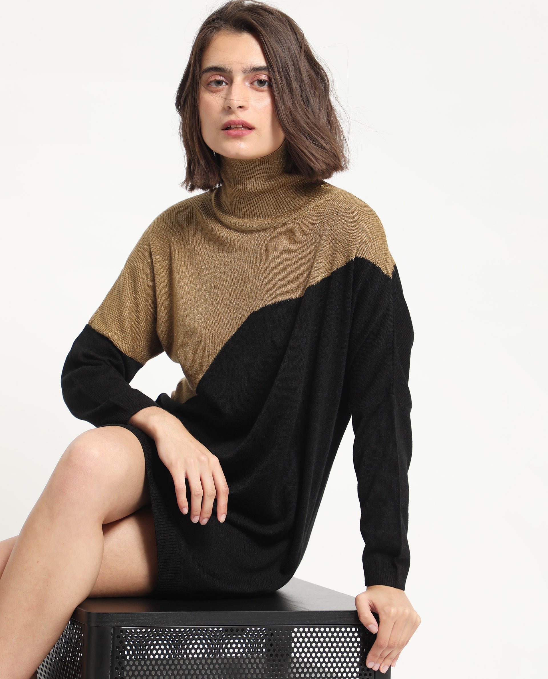 Rareism Women's Spaton 2 Black Acrylic High Neck Color Block Knee Length Regular Fit Sweater