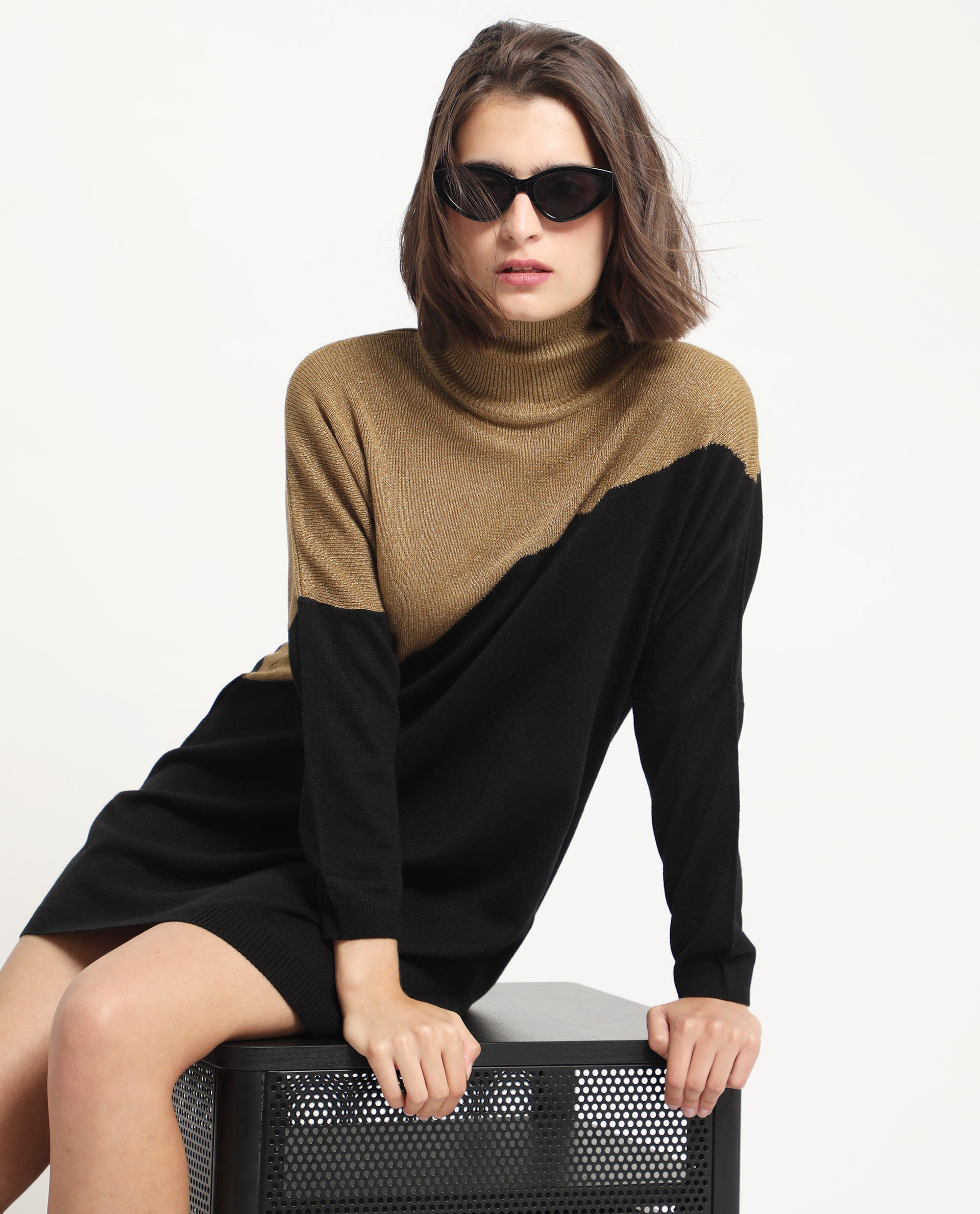 Rareism Women's Spaton 2 Black Acrylic High Neck Color Block Knee Length Regular Fit Sweater