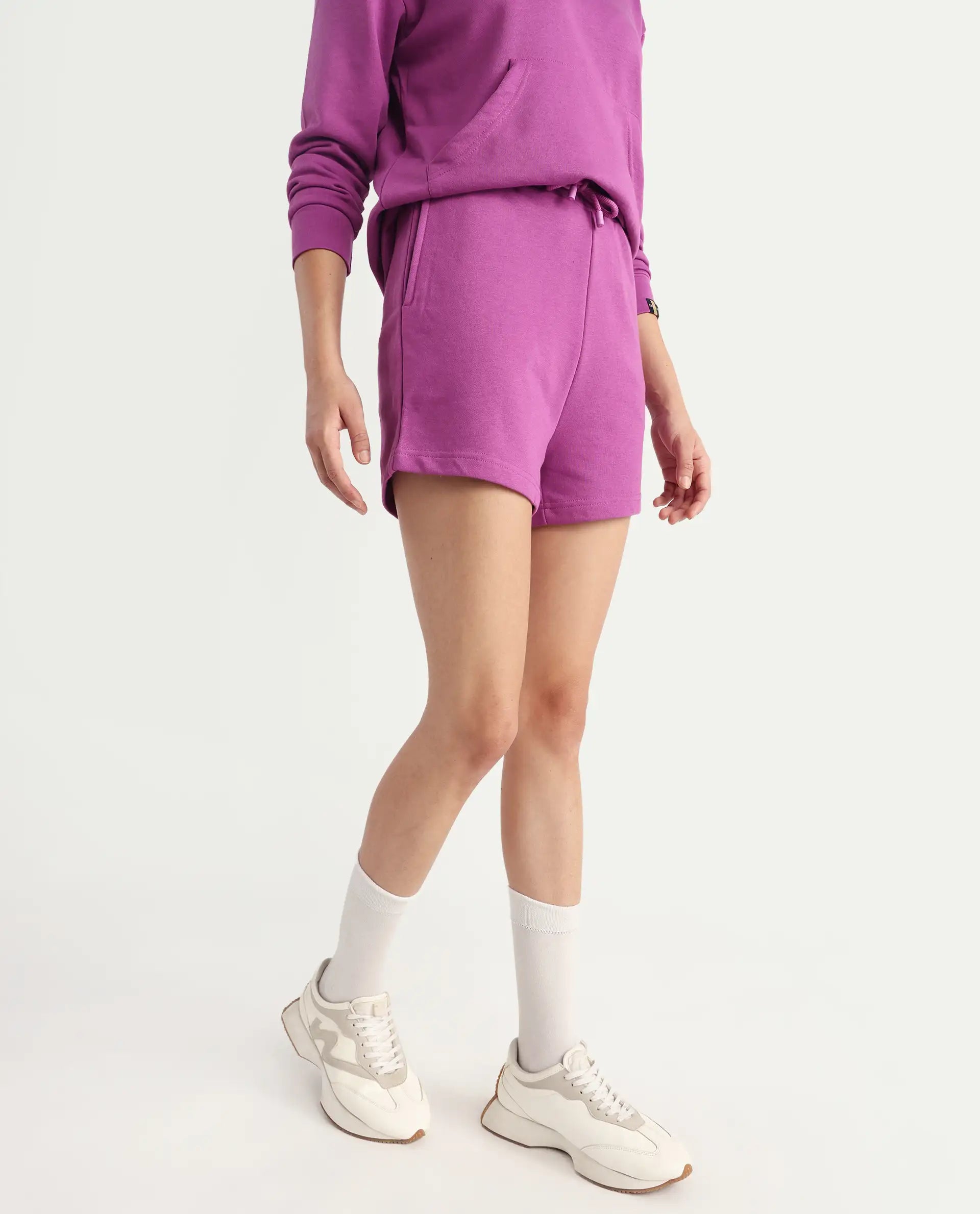 Rareism Women's Spence-1 Purple Polyester Blend Plain Mini Regular Fit Shorts