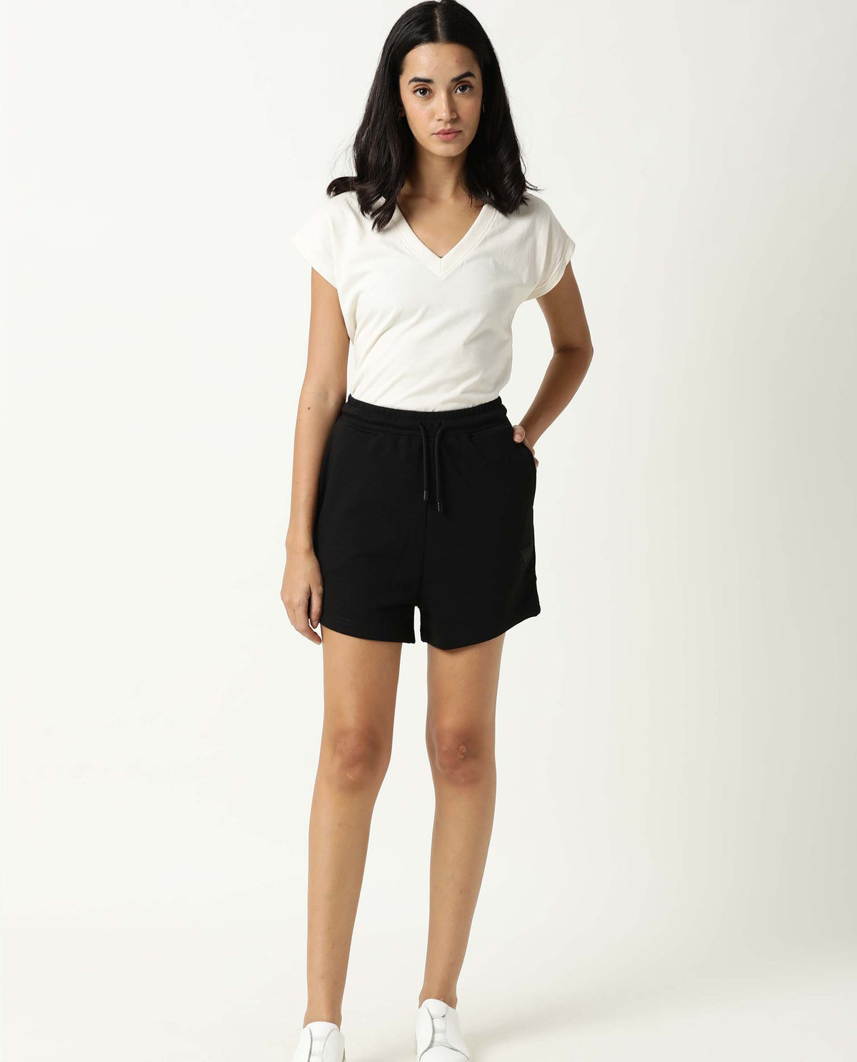 Rareism Womens Spence Black Shorts Regular Fit Polycotton Fabric Mid Rise Elasticated Waistband