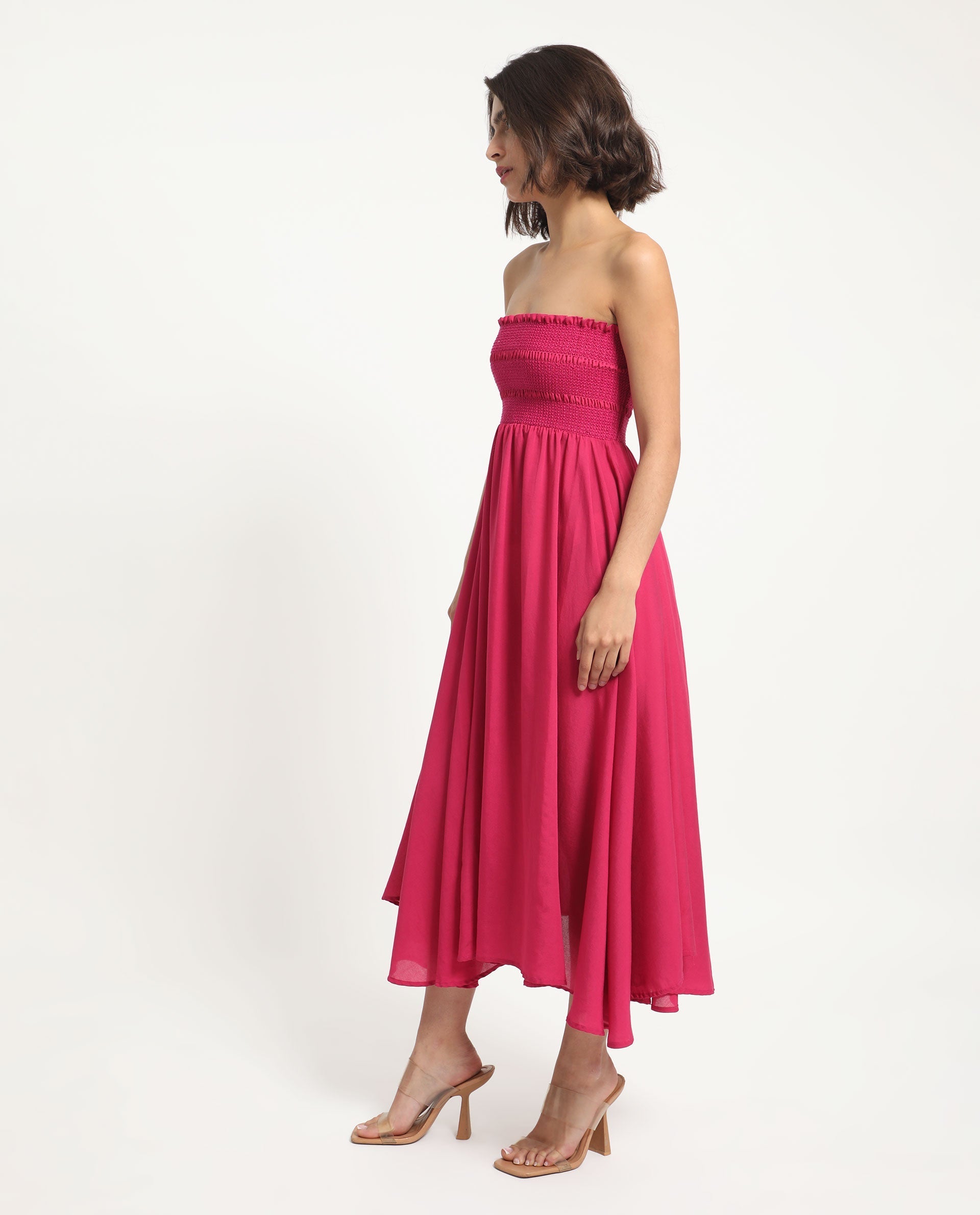 Rareism Women Sperb Dark Pink Viscose Nylon Fabric Sleeveless Tube Neck Shoulder Straps Fit And Flare Plain Knee Length Empire Dress
