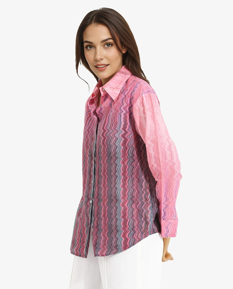 Rareism Women Spezia Multi Cuffed Sleeve Collared Neck  Abstract Print Shirt