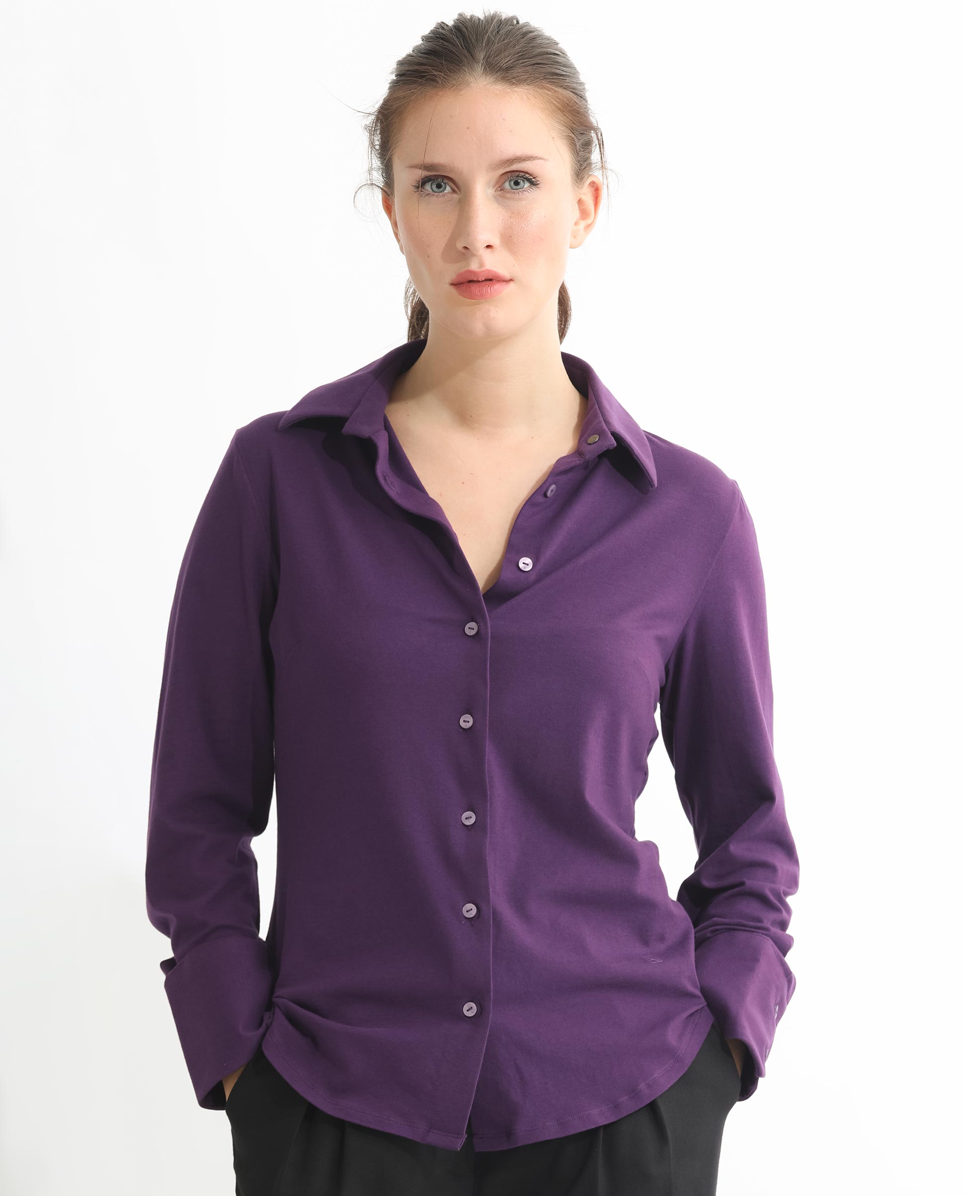 Rareism Women Spie Dark Purple  Regular Sleeve Shirt Collar Solid Shirt