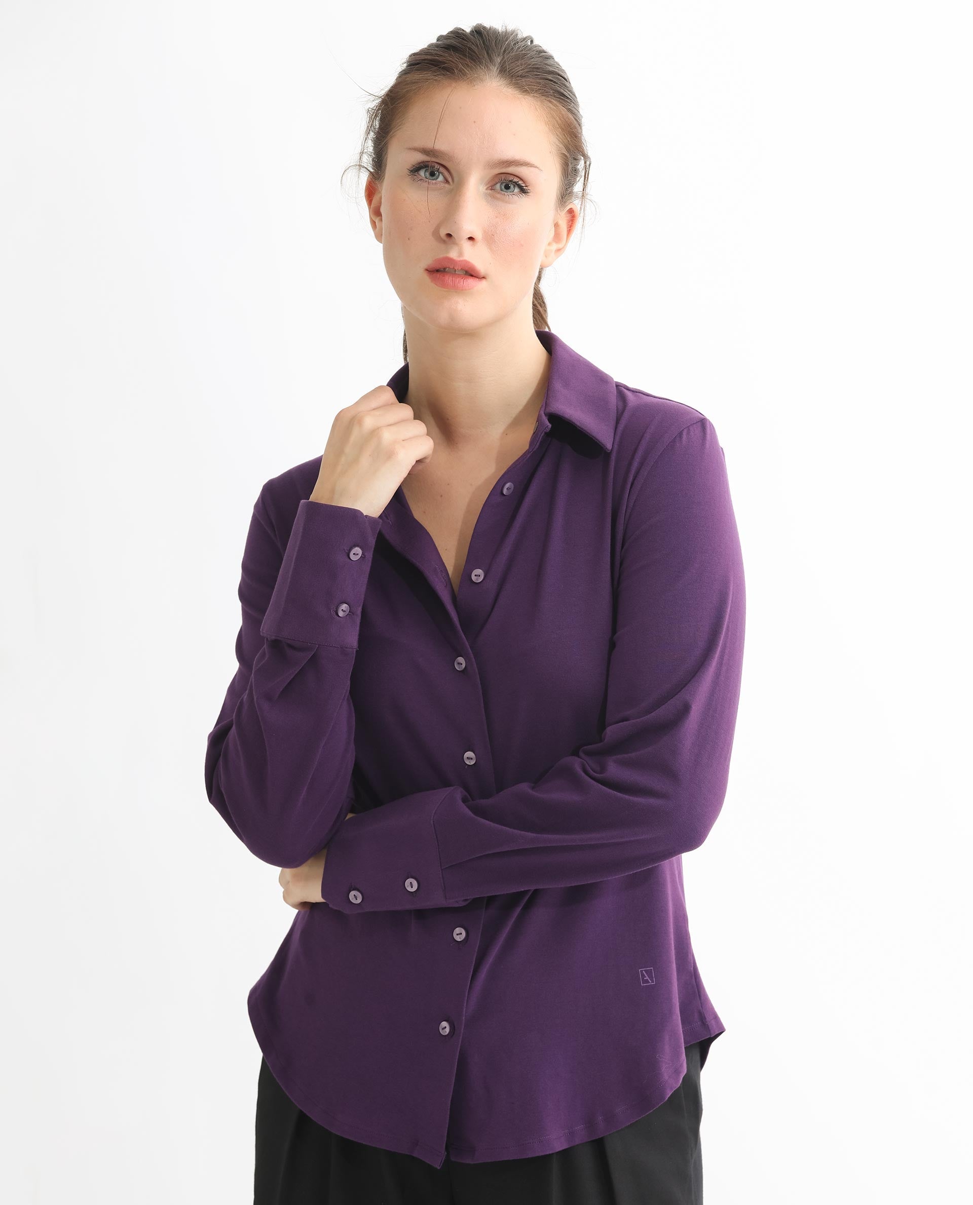 Rareism Women Spie Dark Purple  Regular Sleeve Shirt Collar Solid Shirt