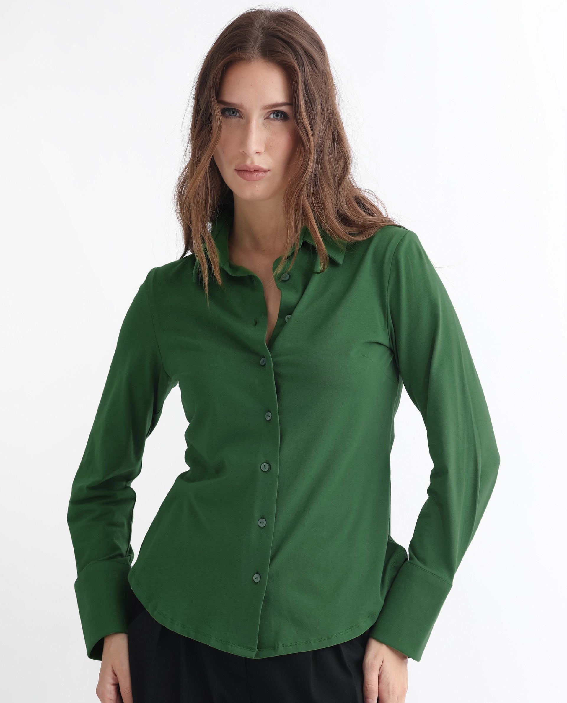 Rareism Women Spie Olive  Regular Sleeve Shirt Collar Solid Shirt