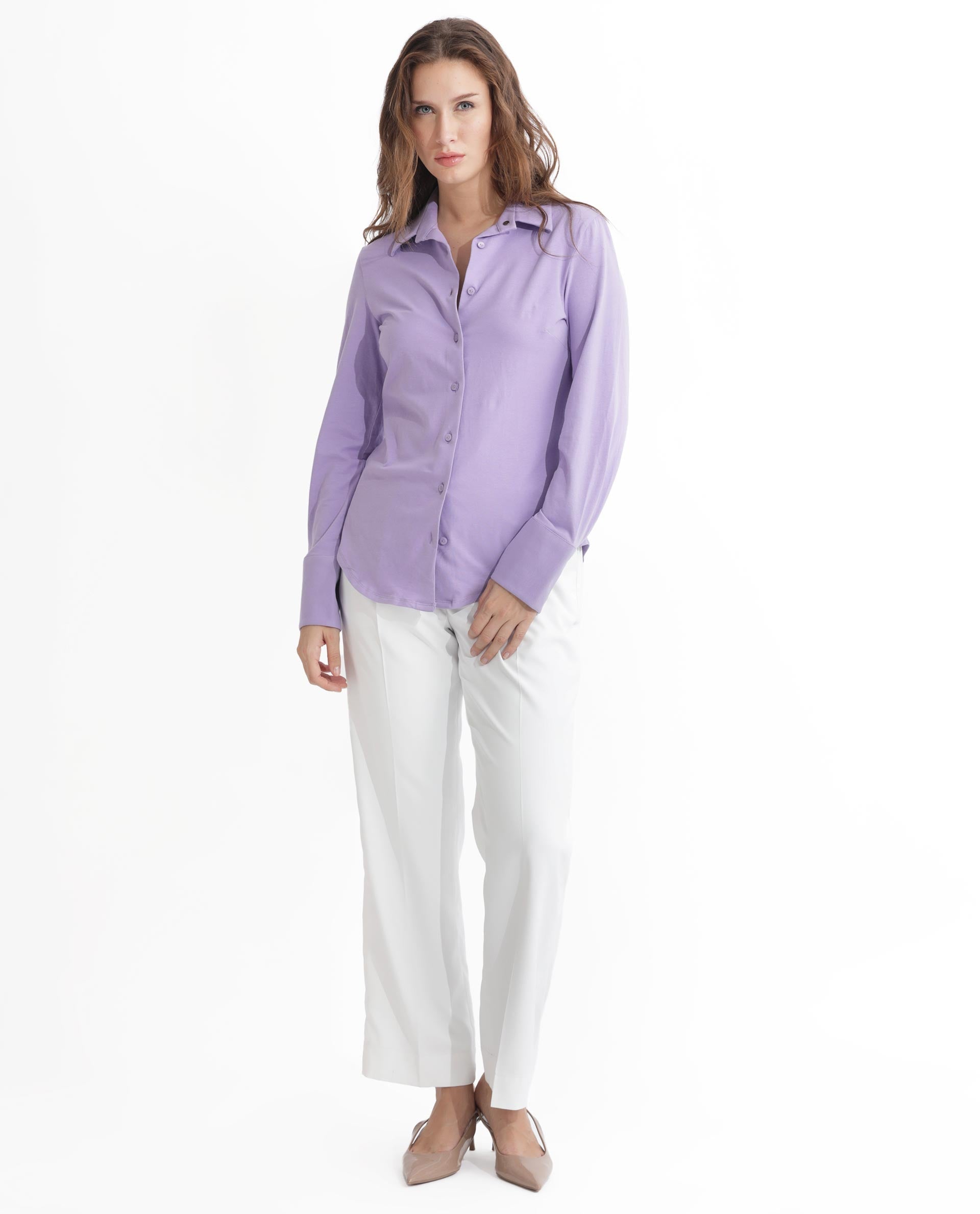 Rareism Women Spie Pastel Purple  Regular Sleeve Shirt Collar Solid Shirt