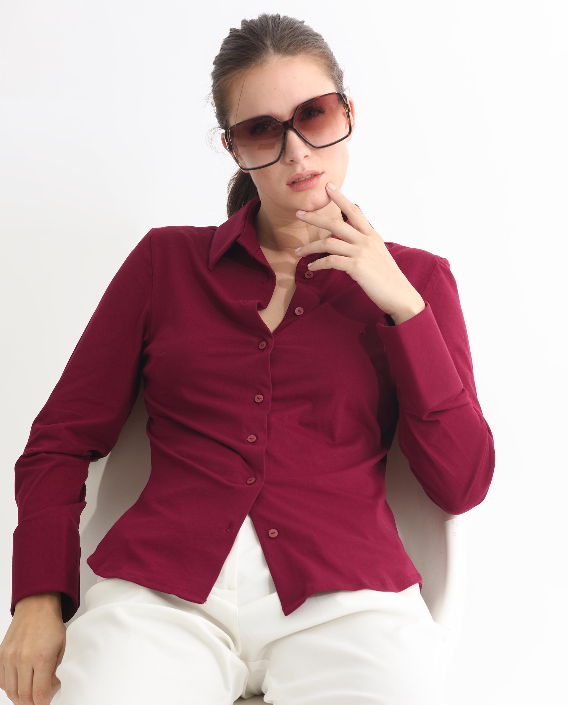 Rareism Women Spie Maroon  Regular Sleeve Collared Neck Solid Shirt