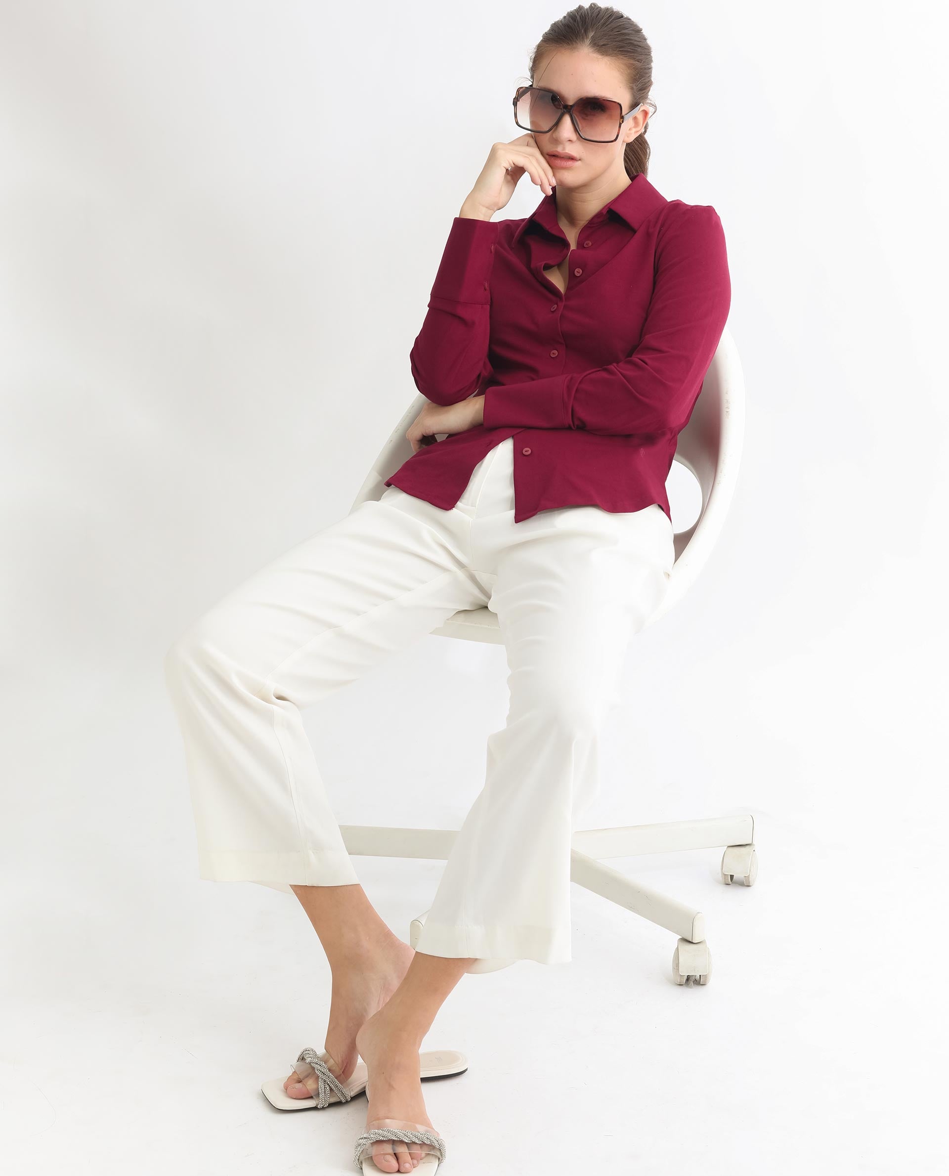 Rareism Women Spie Maroon  Regular Sleeve Collared Neck Solid Shirt