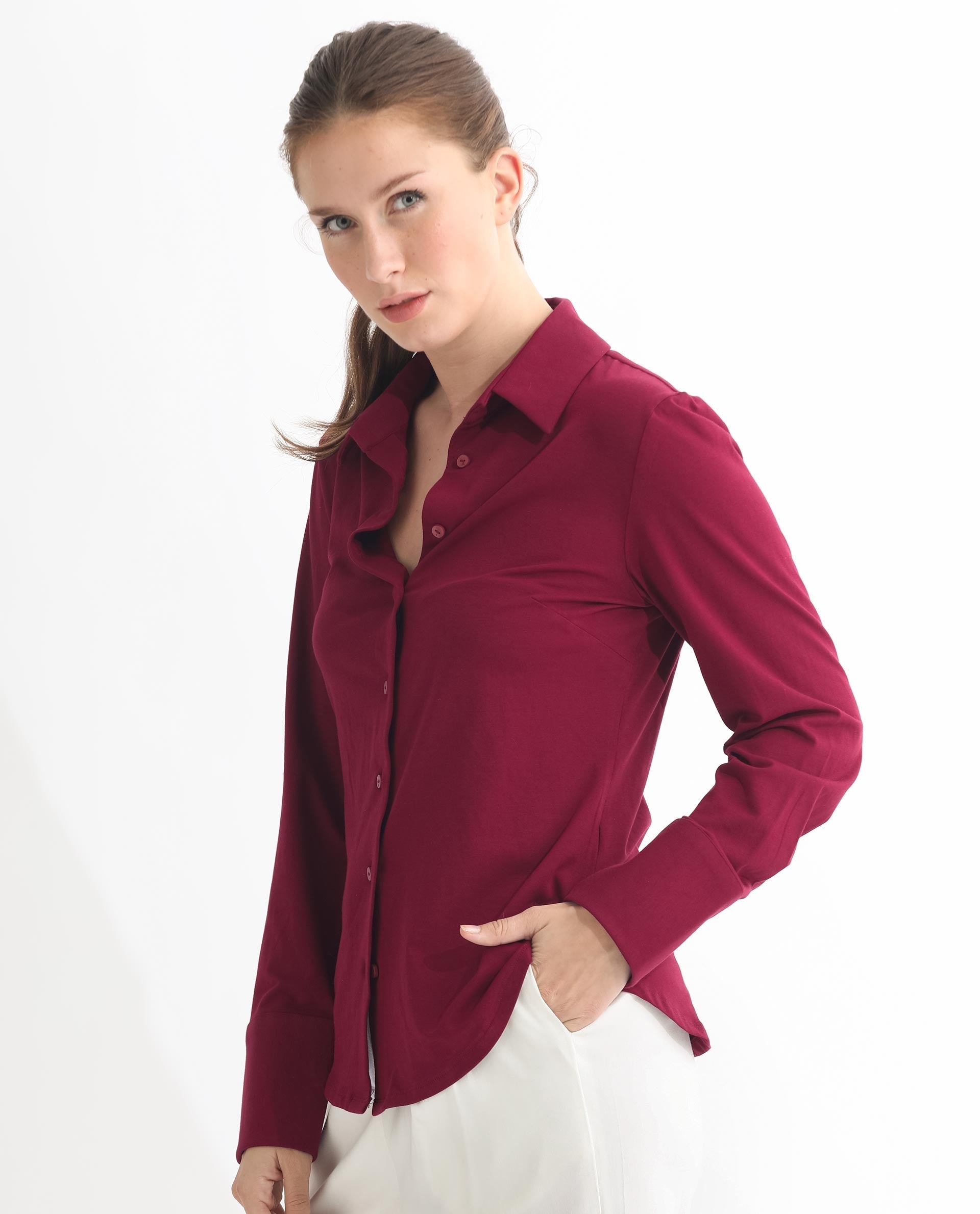 Rareism Women Spie Maroon  Regular Sleeve Collared Neck Solid Shirt
