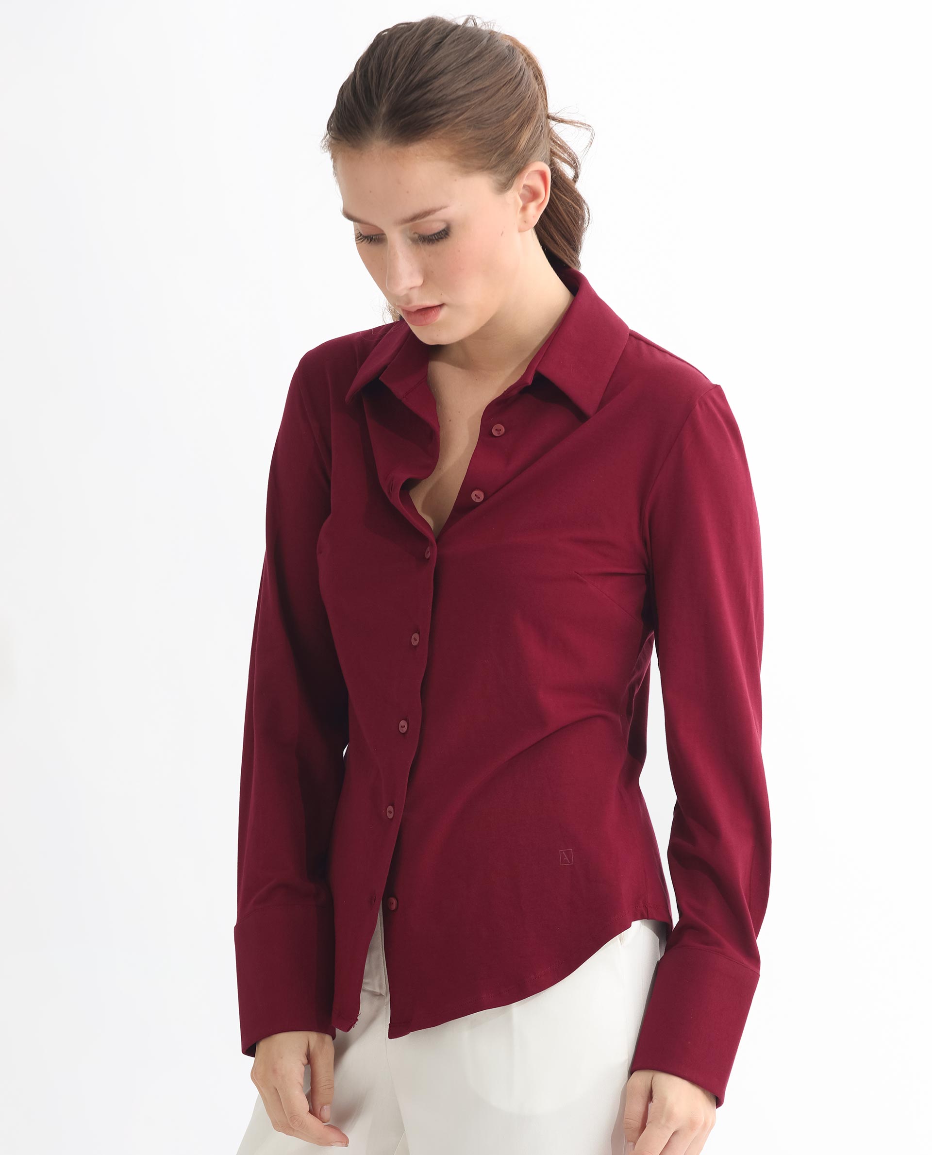 Rareism Women Spie Maroon  Regular Sleeve Collared Neck Solid Shirt