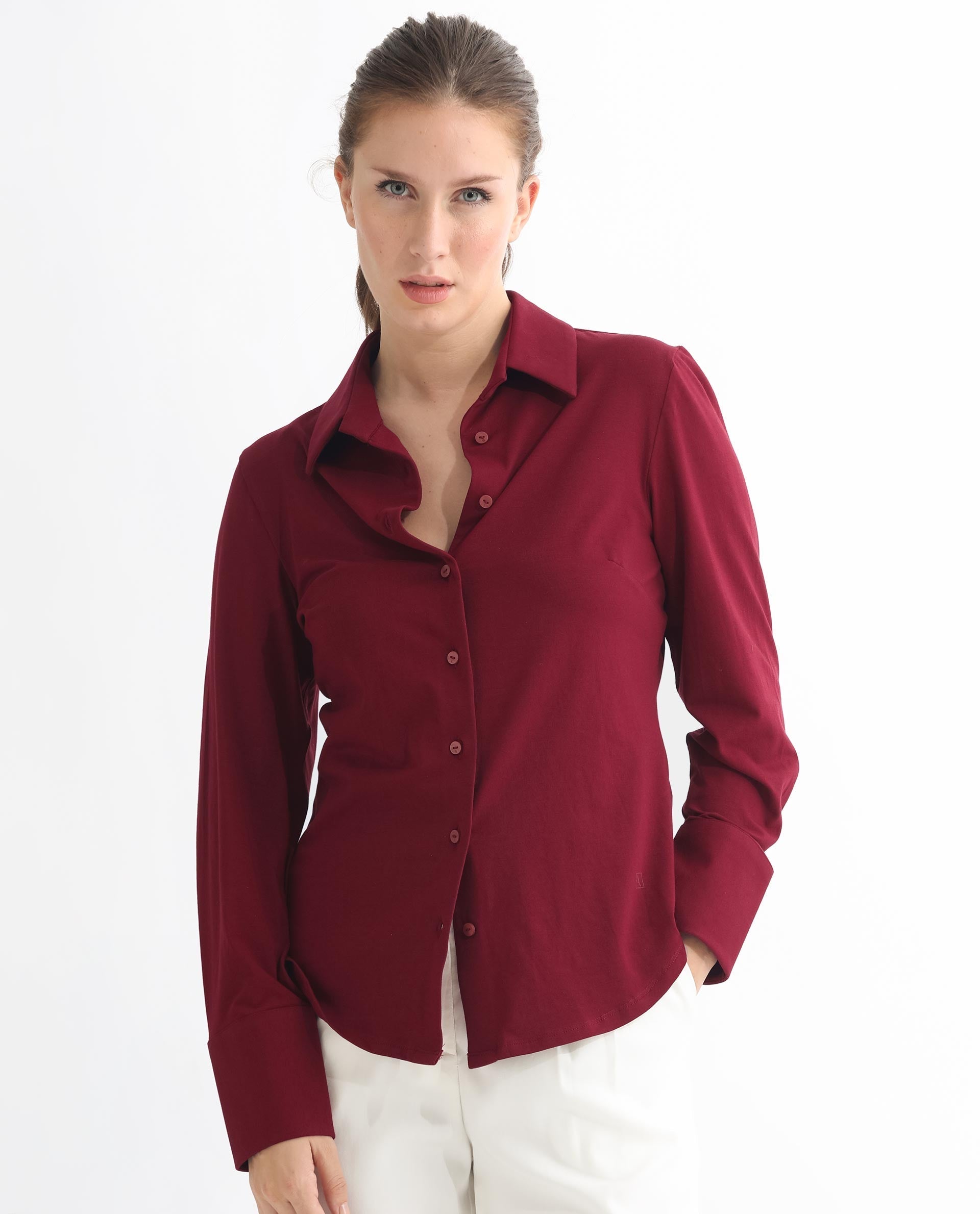 Rareism Women Spie Maroon  Regular Sleeve Collared Neck Solid Shirt