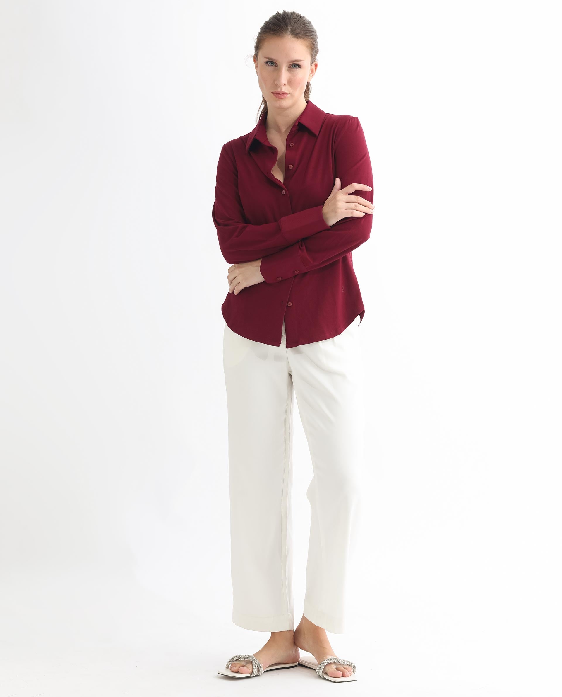 Rareism Women Spie Maroon  Regular Sleeve Collared Neck Solid Shirt