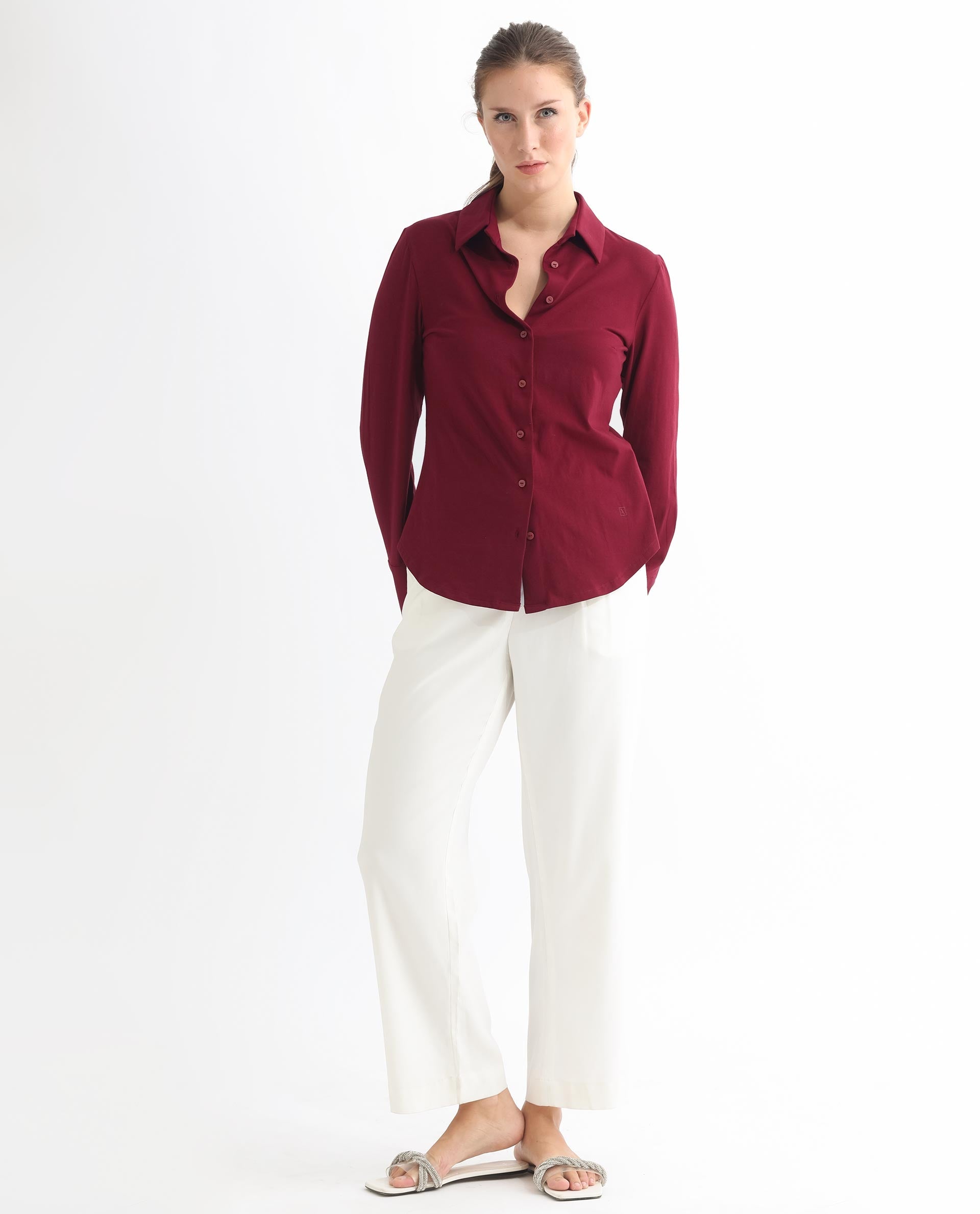 Rareism Women Spie Maroon  Regular Sleeve Collared Neck Solid Shirt