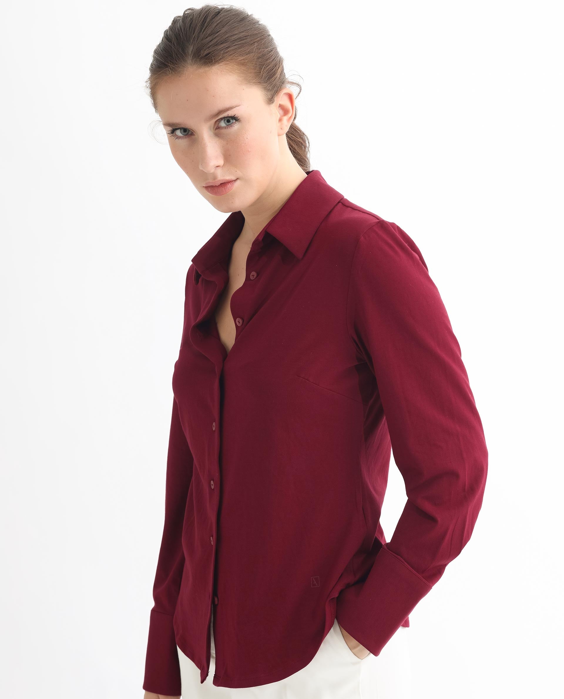 Rareism Women Spie Maroon  Regular Sleeve Collared Neck Solid Shirt