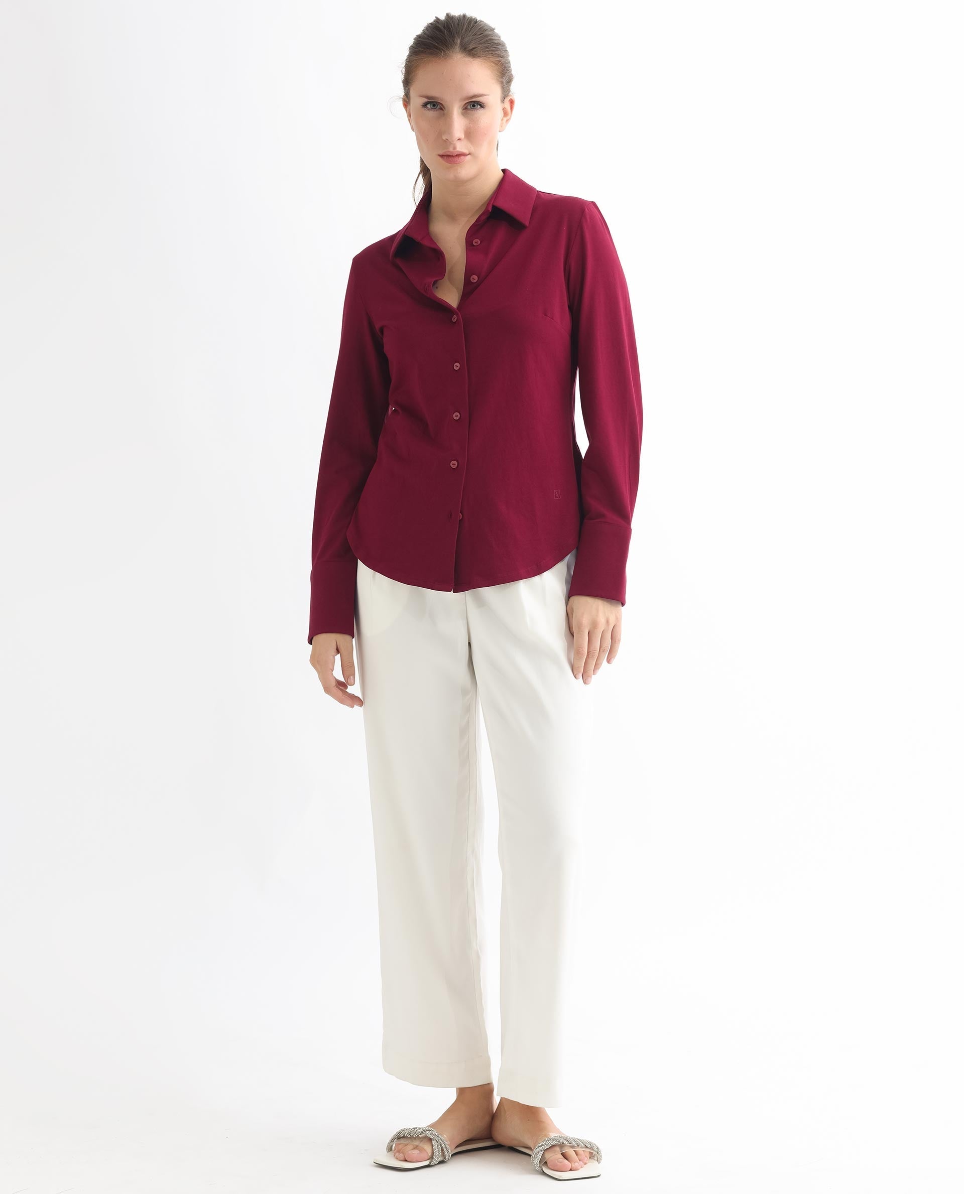 Rareism Women Spie Maroon  Regular Sleeve Collared Neck Solid Shirt