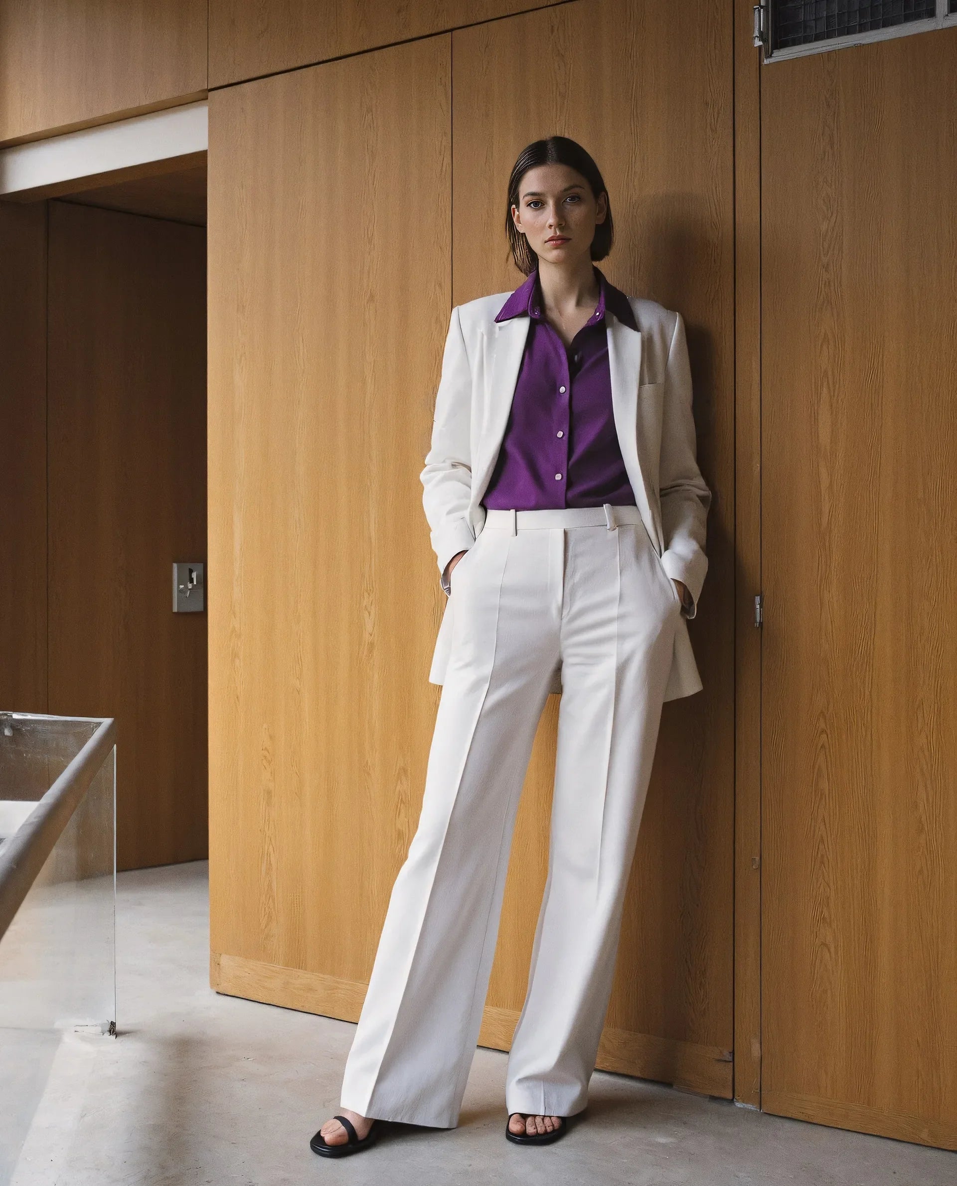 Rareism Women's Spie Dark Purple Cotton Spread Collar Plain Cuffed Sleeve Slim Fit Shirt