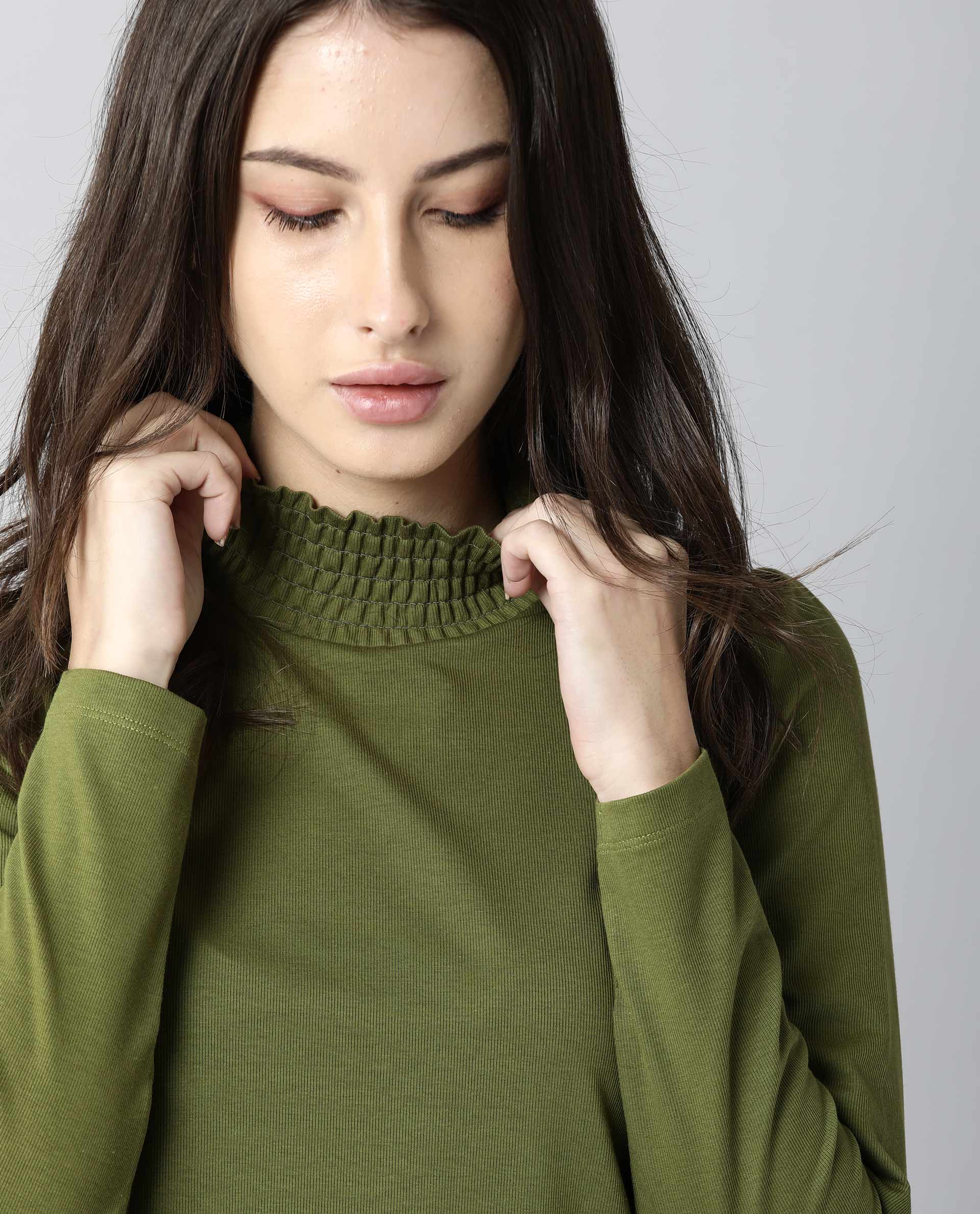 Rareism Women Spinny Olive T-Shirt Full Sleeves