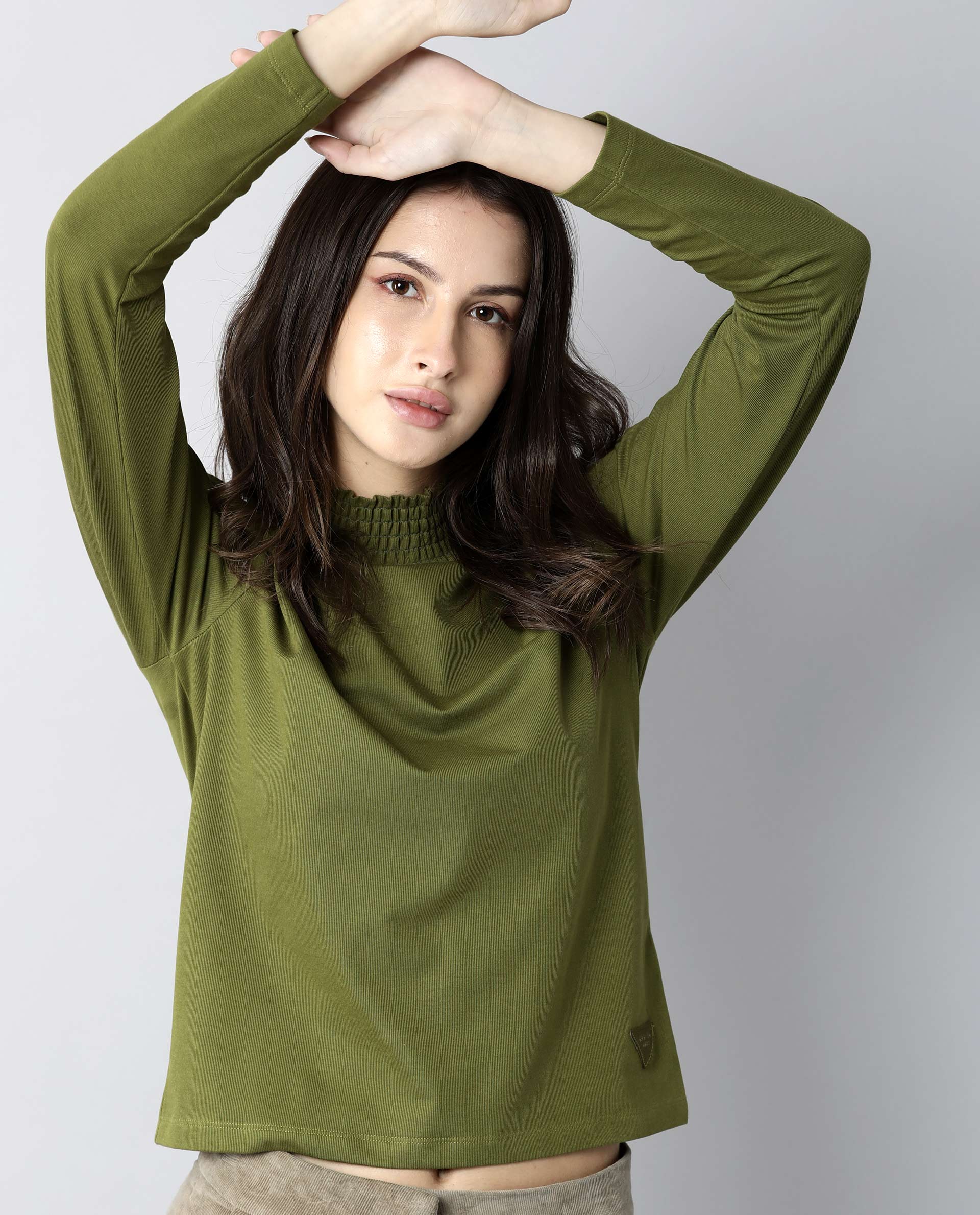 Rareism Women Spinny Olive T-Shirt Full Sleeves