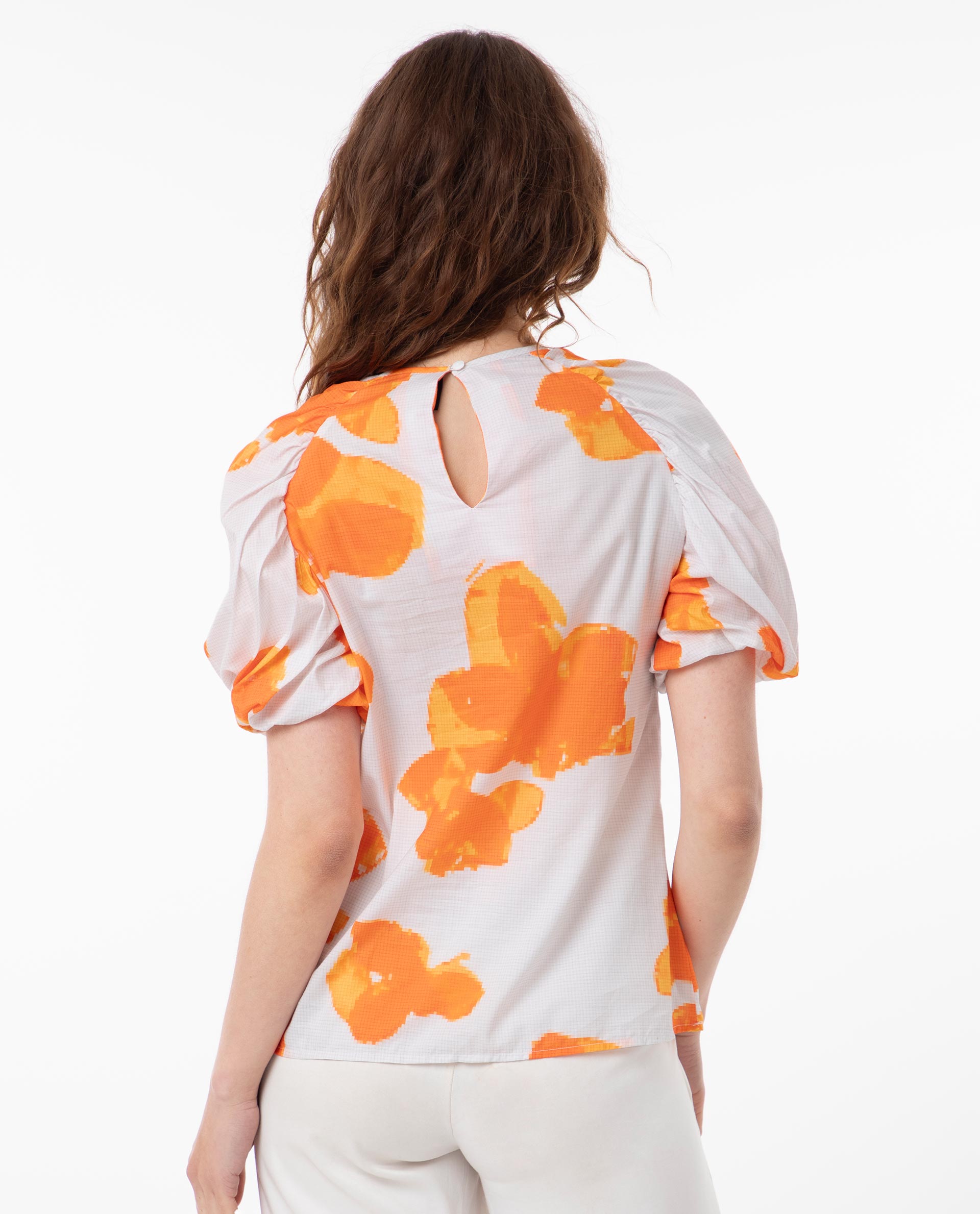 Rareism Women Sporn Orange Cotton Fabric Short Sleeves Button Closure Round Neck Puff Sleeve Regular Fit Floral Print Blouse Top