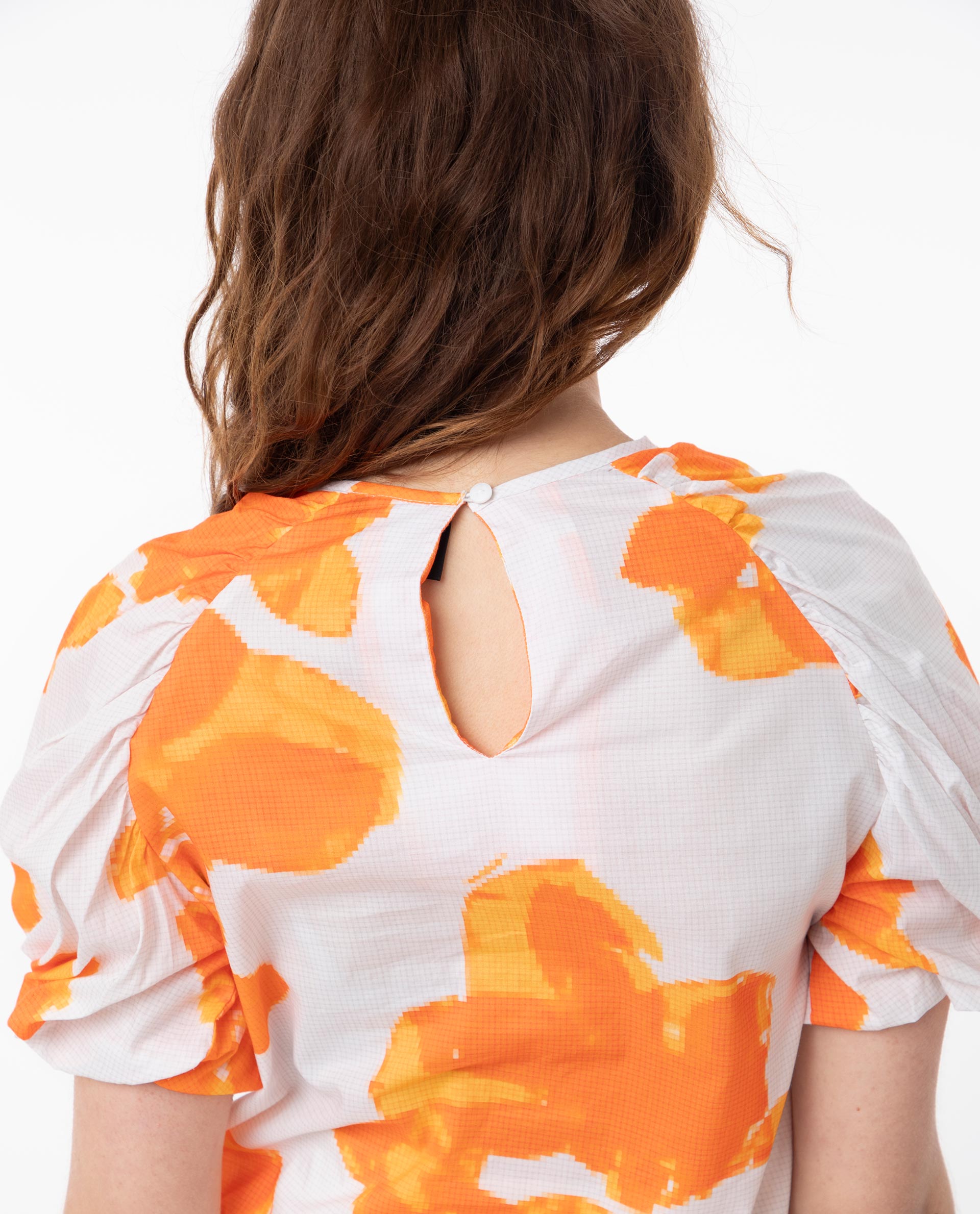 Rareism Women Sporn Orange Cotton Fabric Short Sleeves Button Closure Round Neck Puff Sleeve Regular Fit Floral Print Blouse Top