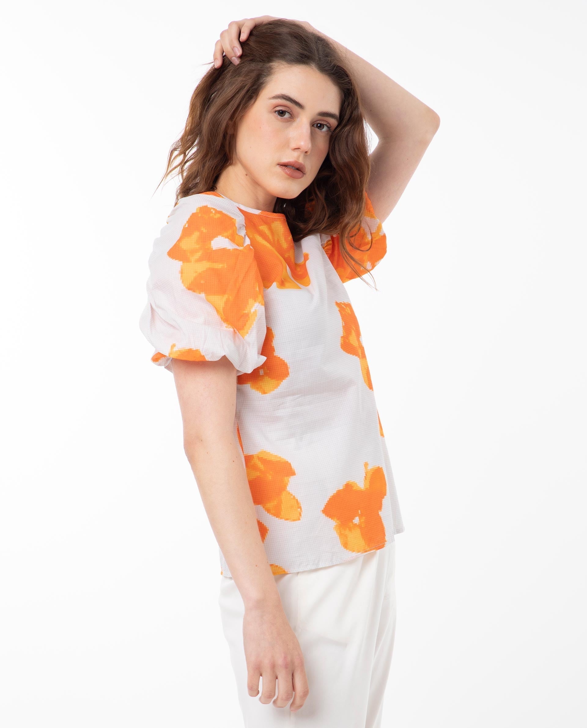 Rareism Women Sporn Orange Cotton Fabric Short Sleeves Button Closure Round Neck Puff Sleeve Regular Fit Floral Print Blouse Top