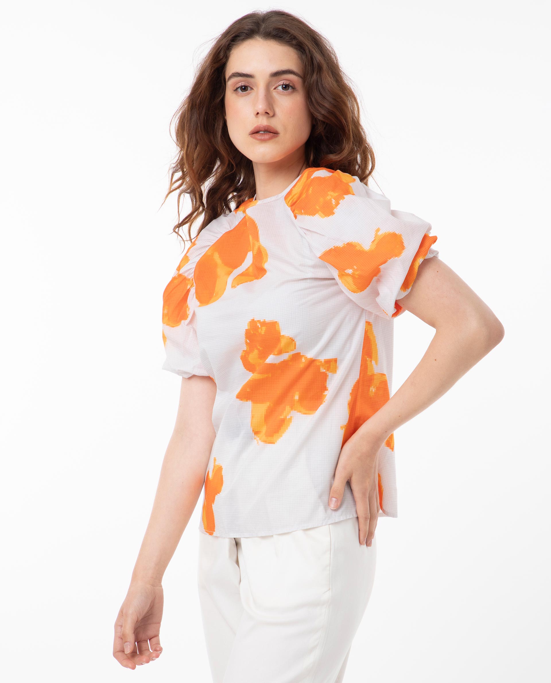 Rareism Women Sporn Orange Cotton Fabric Short Sleeves Button Closure Round Neck Puff Sleeve Regular Fit Floral Print Blouse Top
