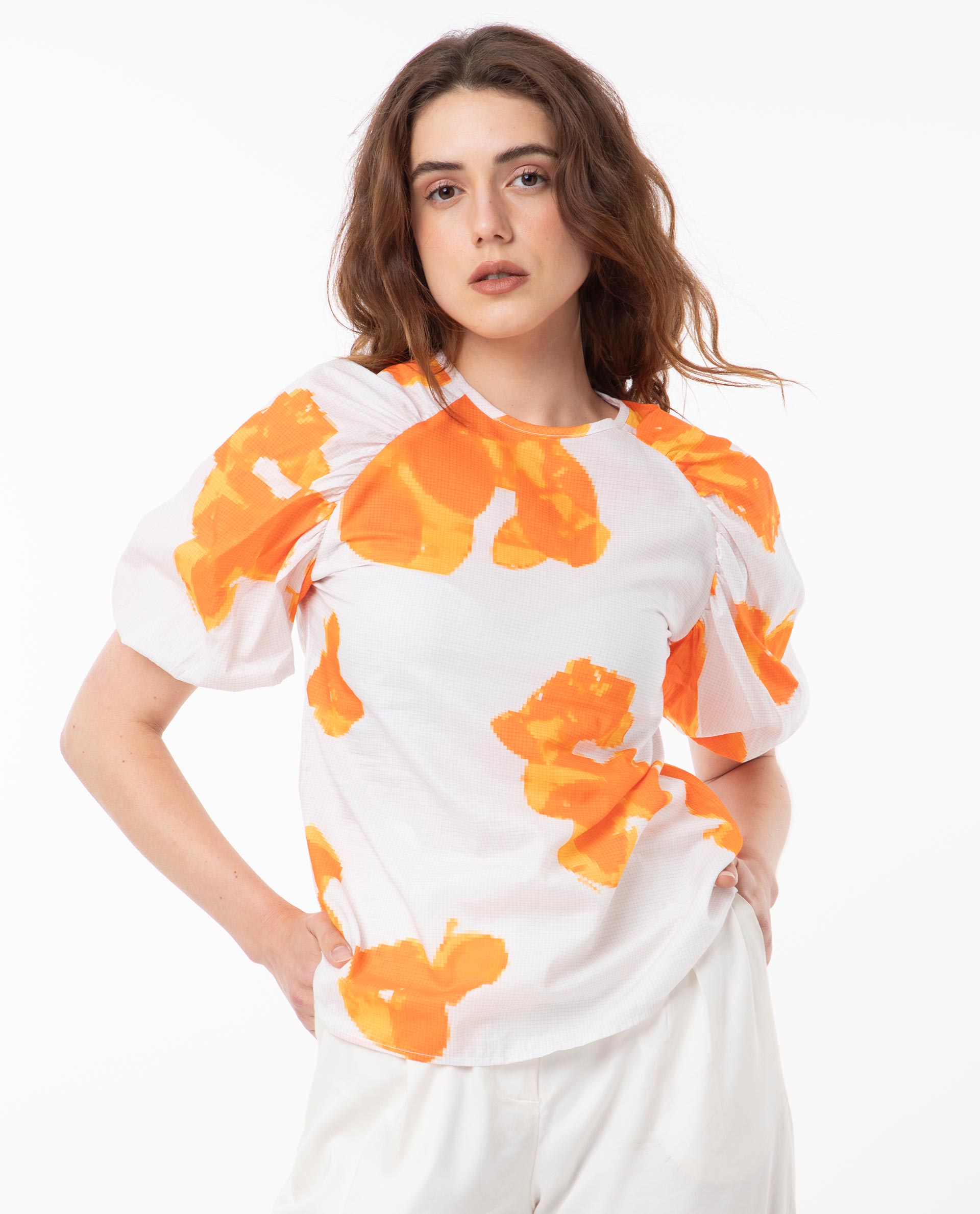 Rareism Women Sporn Orange Cotton Fabric Short Sleeves Button Closure Round Neck Puff Sleeve Regular Fit Floral Print Blouse Top