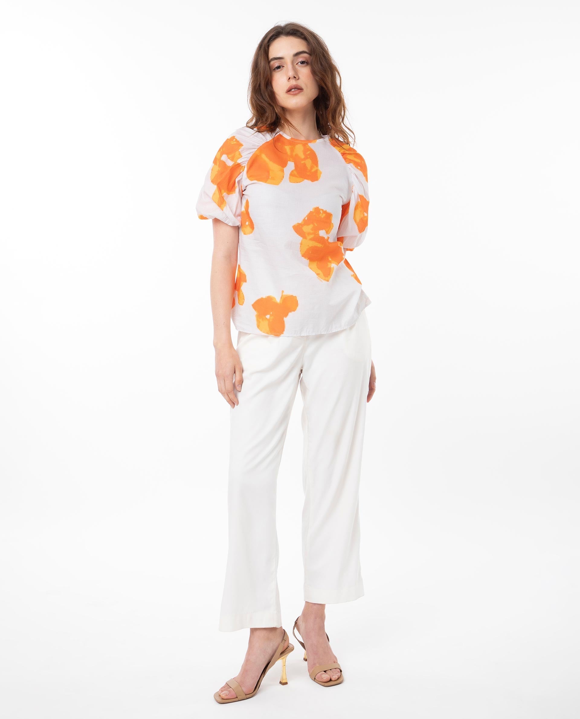 Rareism Women Sporn Orange Cotton Fabric Short Sleeves Button Closure Round Neck Puff Sleeve Regular Fit Floral Print Blouse Top