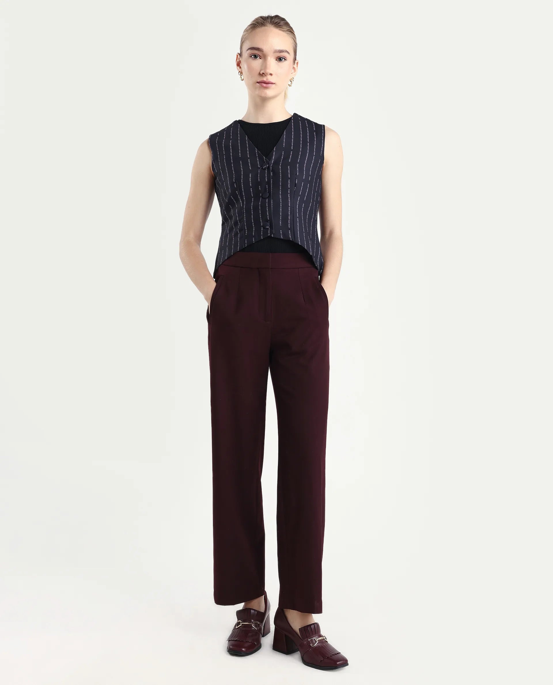 Rareism Women Srait Maroon Polyester Blend Button Closure Straight Fit Plain Travel Trouser