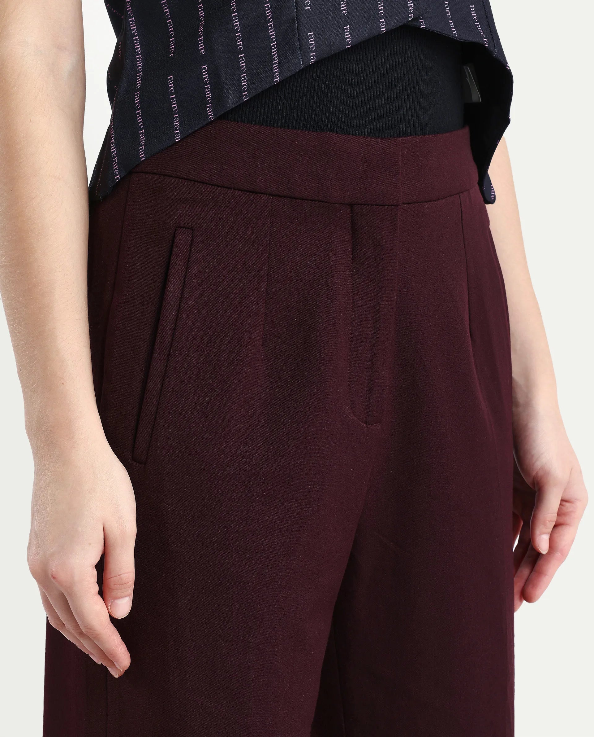 Rareism Women Srait Maroon Polyester Blend Button Closure Straight Fit Plain Travel Trouser