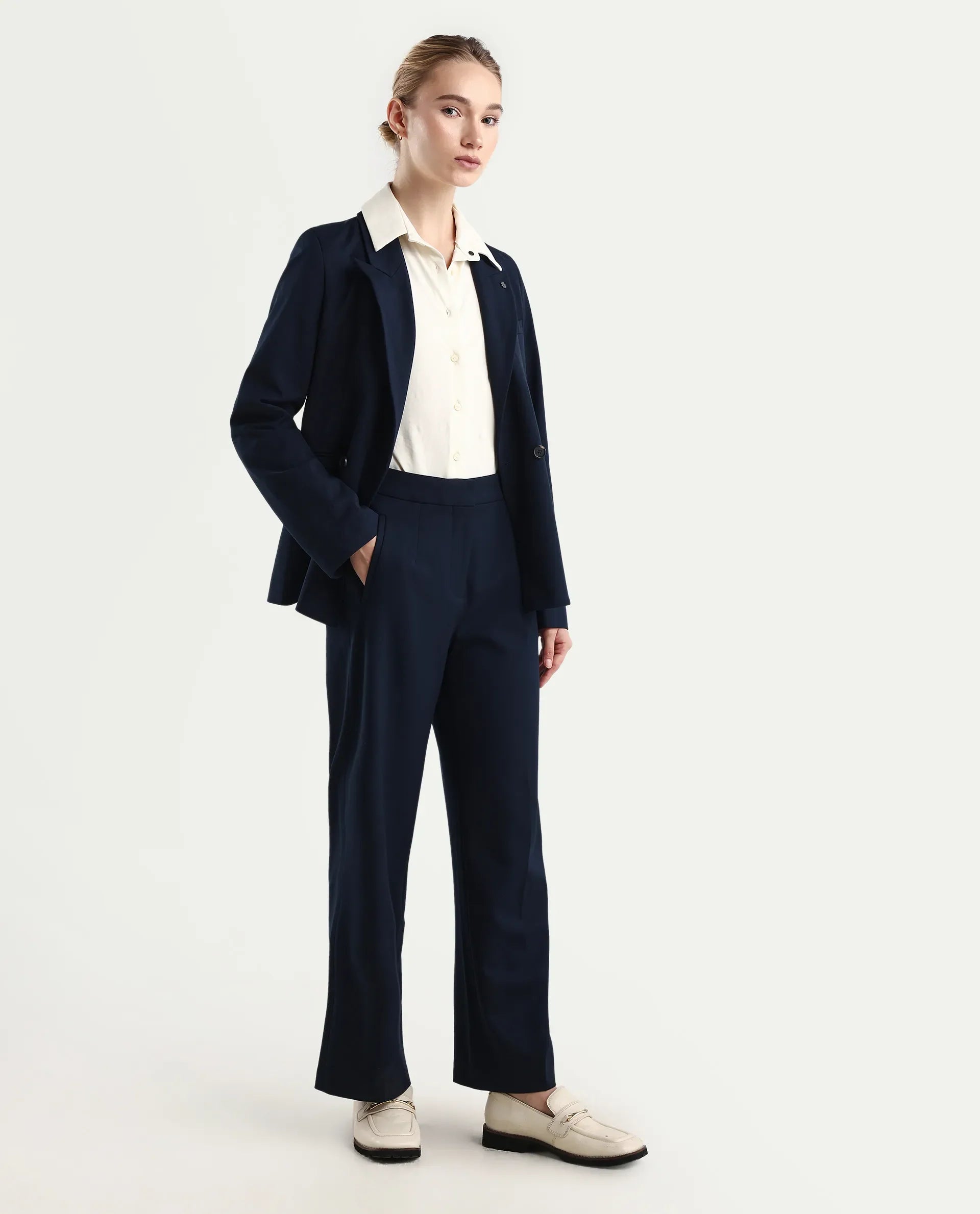 Rareism Women's Srait Navy Polyester Blend Straight Fit Travel Trouser