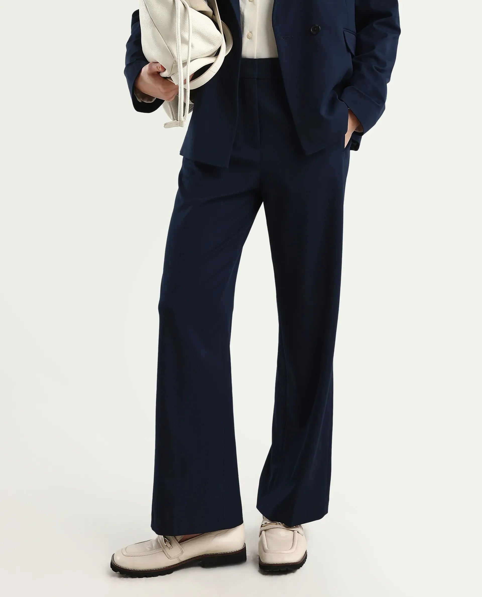 Rareism Women's Srait Navy Polyester Blend Straight Fit Travel Trouser