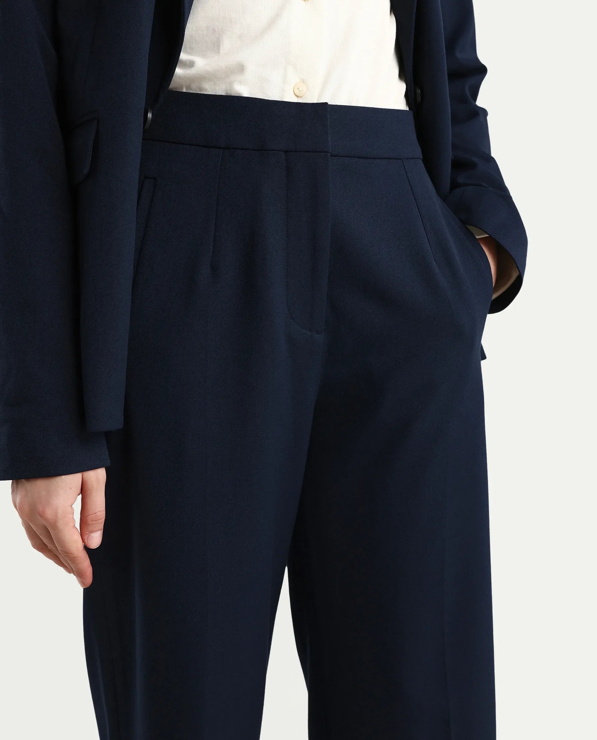 Rareism Women's Srait Navy Polyester Blend Straight Fit Travel Trouser