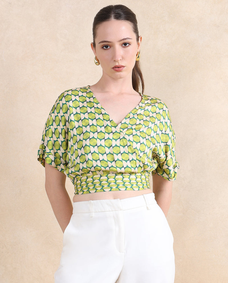 Rareism Women Stabia Green Extended Sleeves Over Lap Neck  Cropped Geometric Print Top