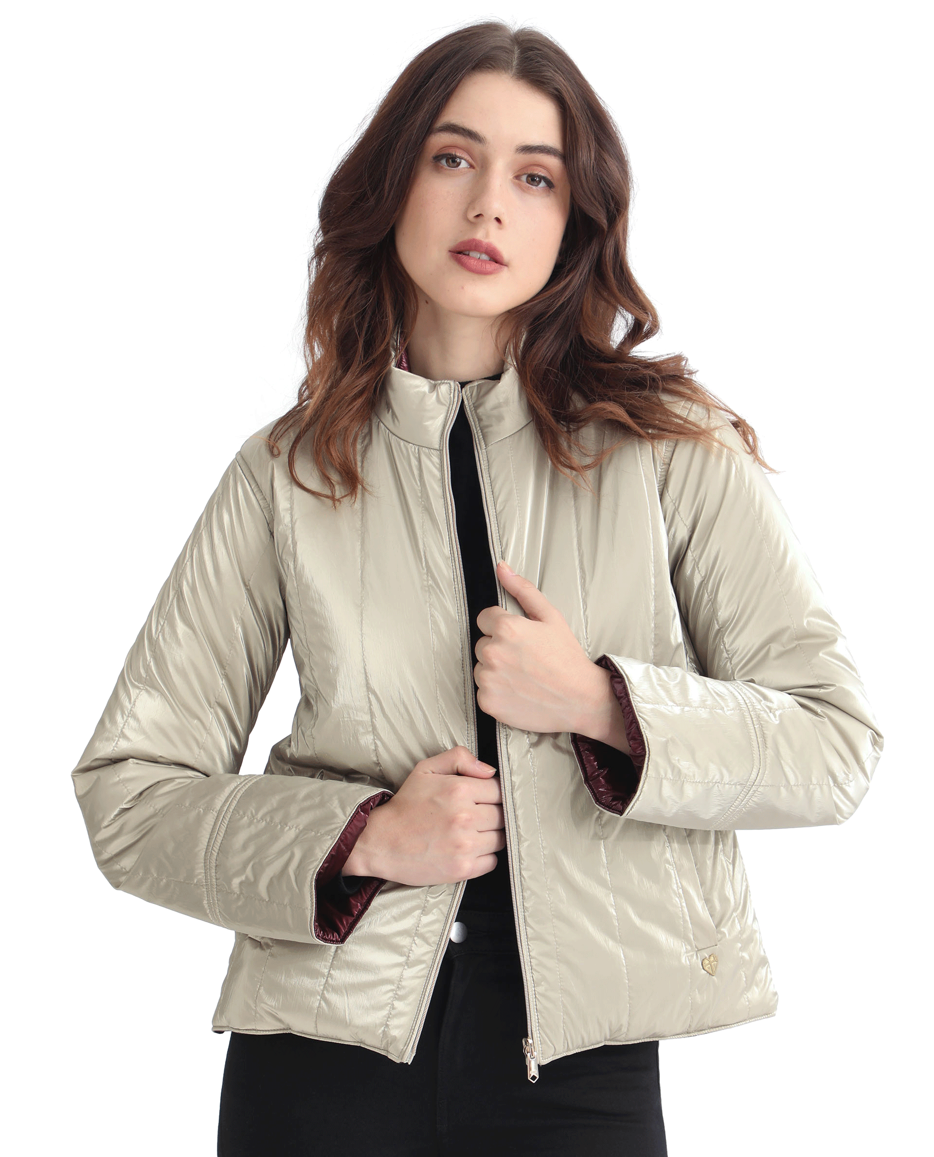 Rareism Women Stein Gold Polyester Fabric Full Sleeves Solid Mandarin Collar Jacket